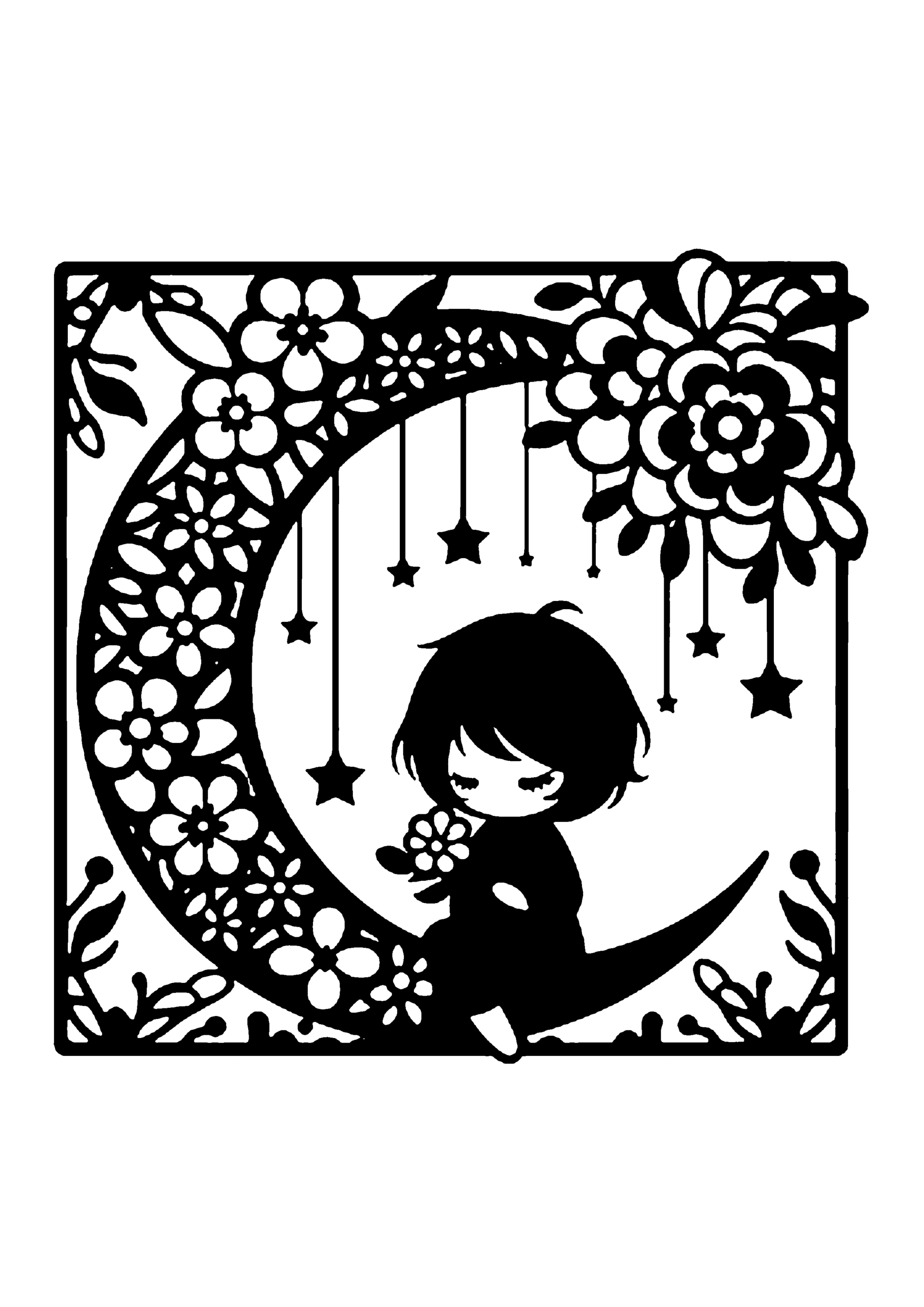 三日月に座る少女と星飾りのかわいい切り絵図案(無料・初心者向け)0268