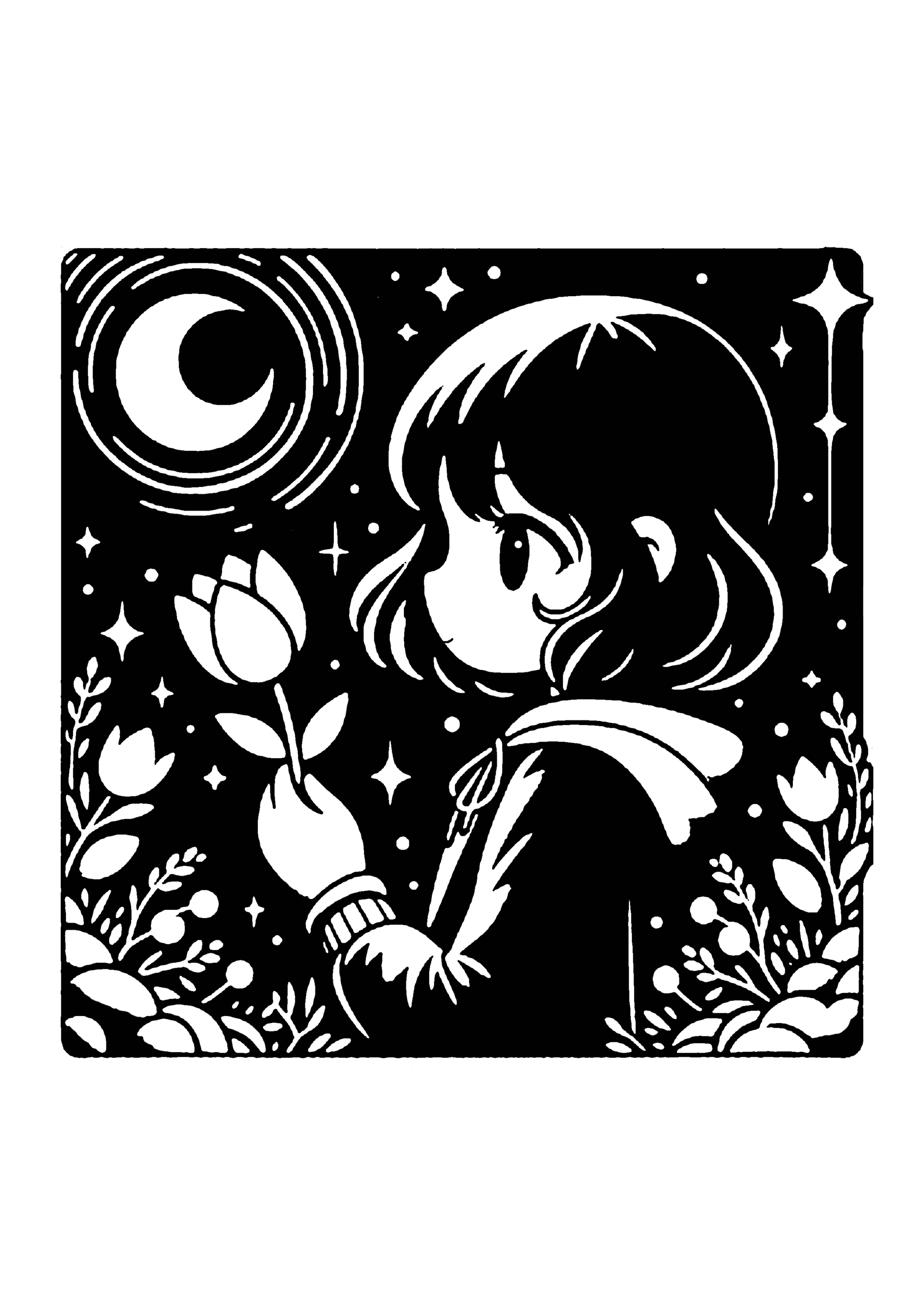 夜空と花と少女のシンプルシルエット切り絵図案(無料・初心者向け)0269