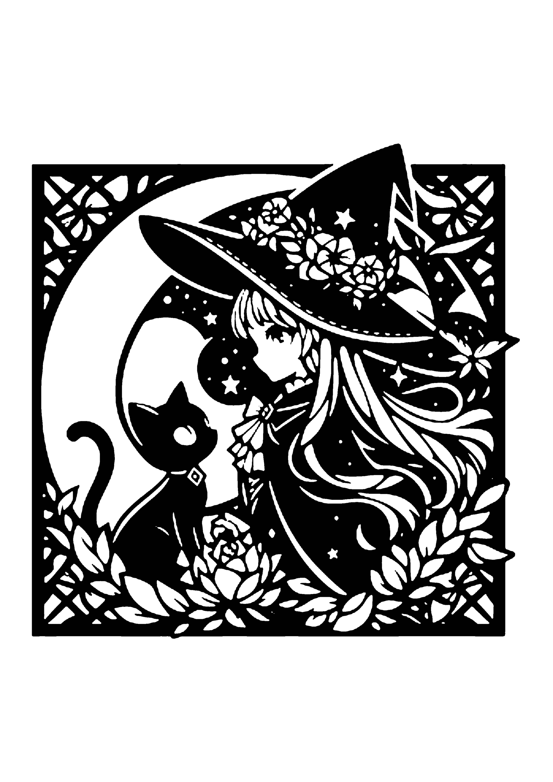 魔女と黒猫と三日月のハロウィン風切り絵図案(無料・中級者向け)0270