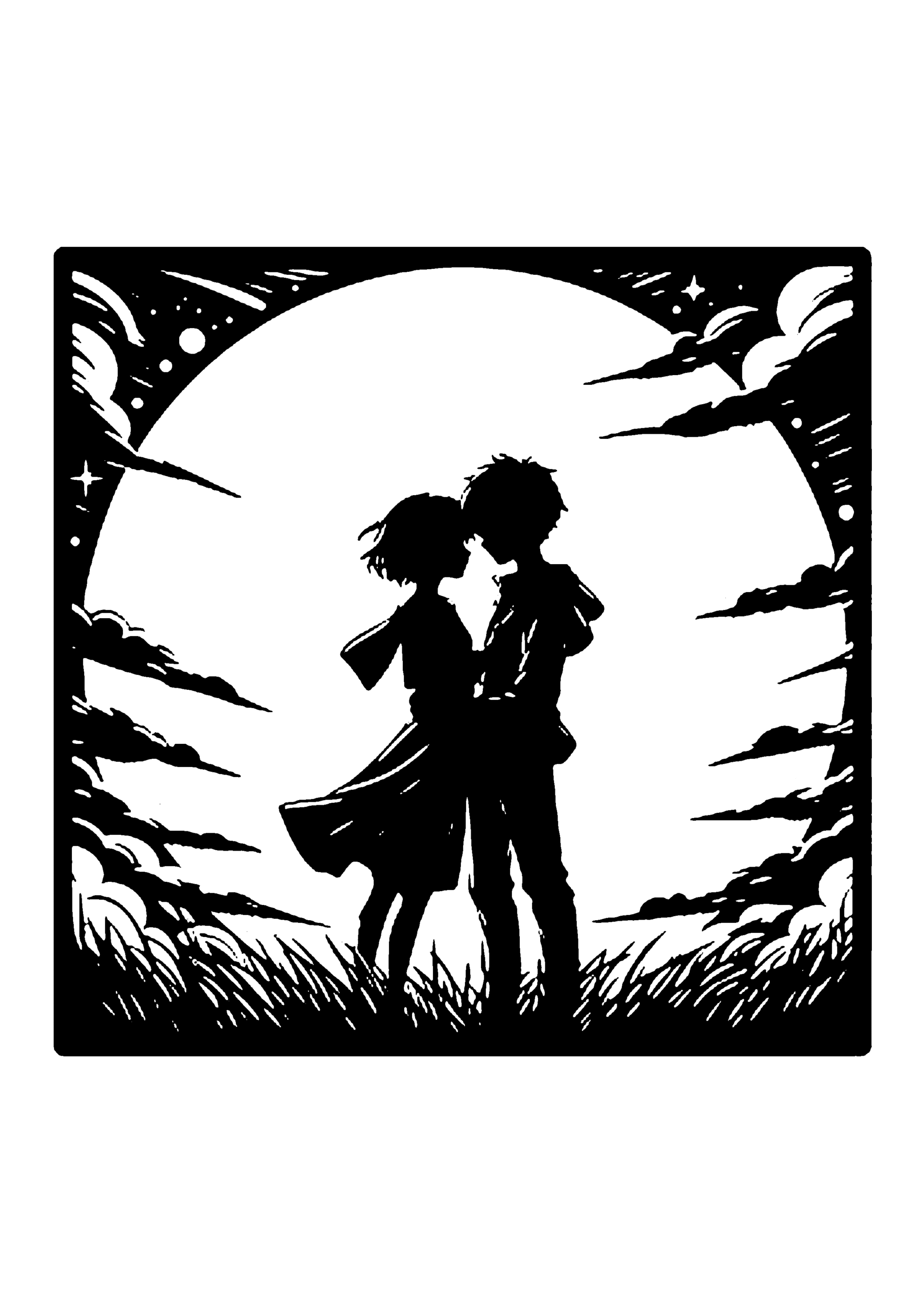 満月の下で寄り添うカップルのロマンチック切り絵図案（無料・中級者向け）0271