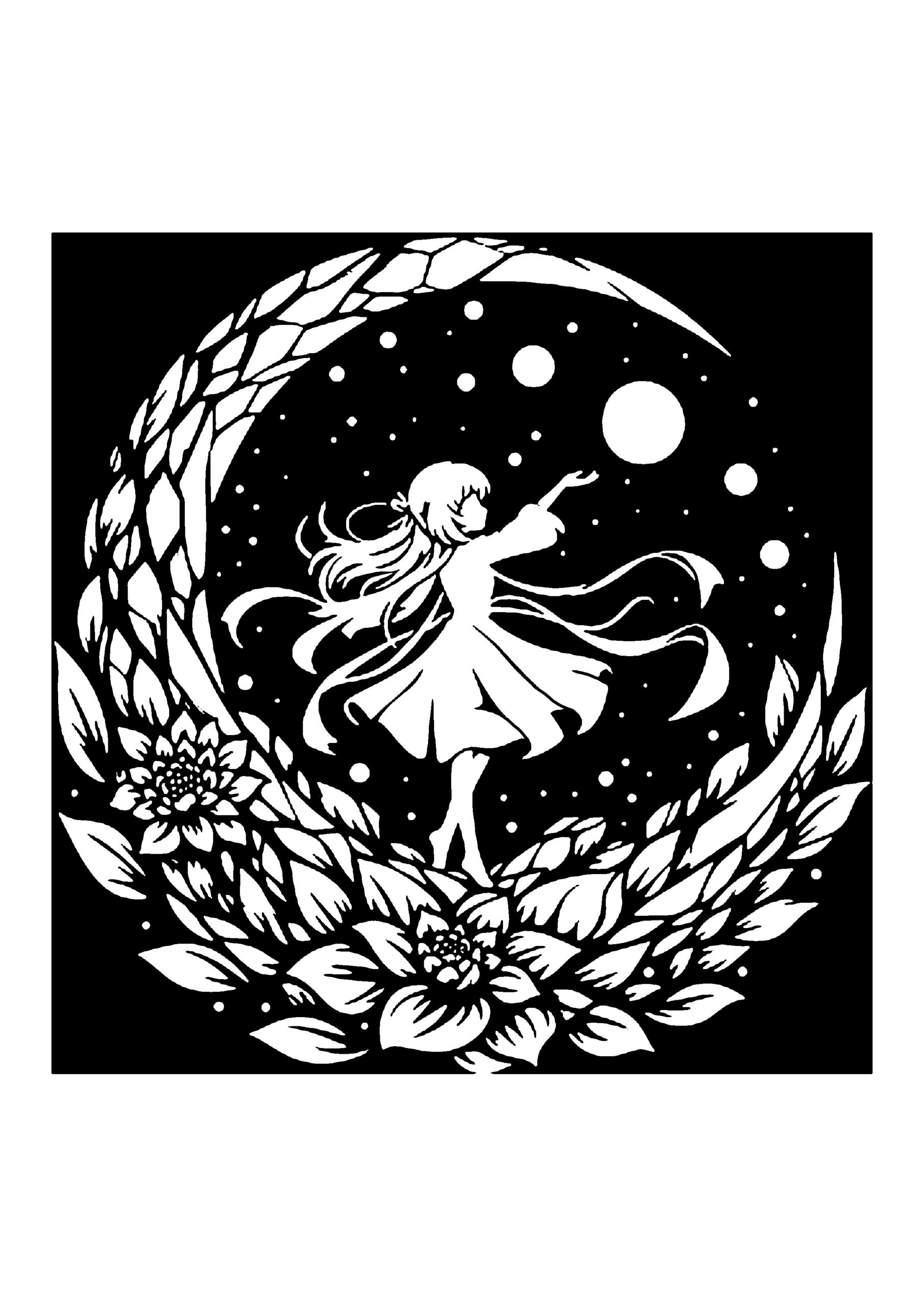 花リースと月に囲まれた妖精風少女の幻想切り絵図案（無料・中級者向け）0274