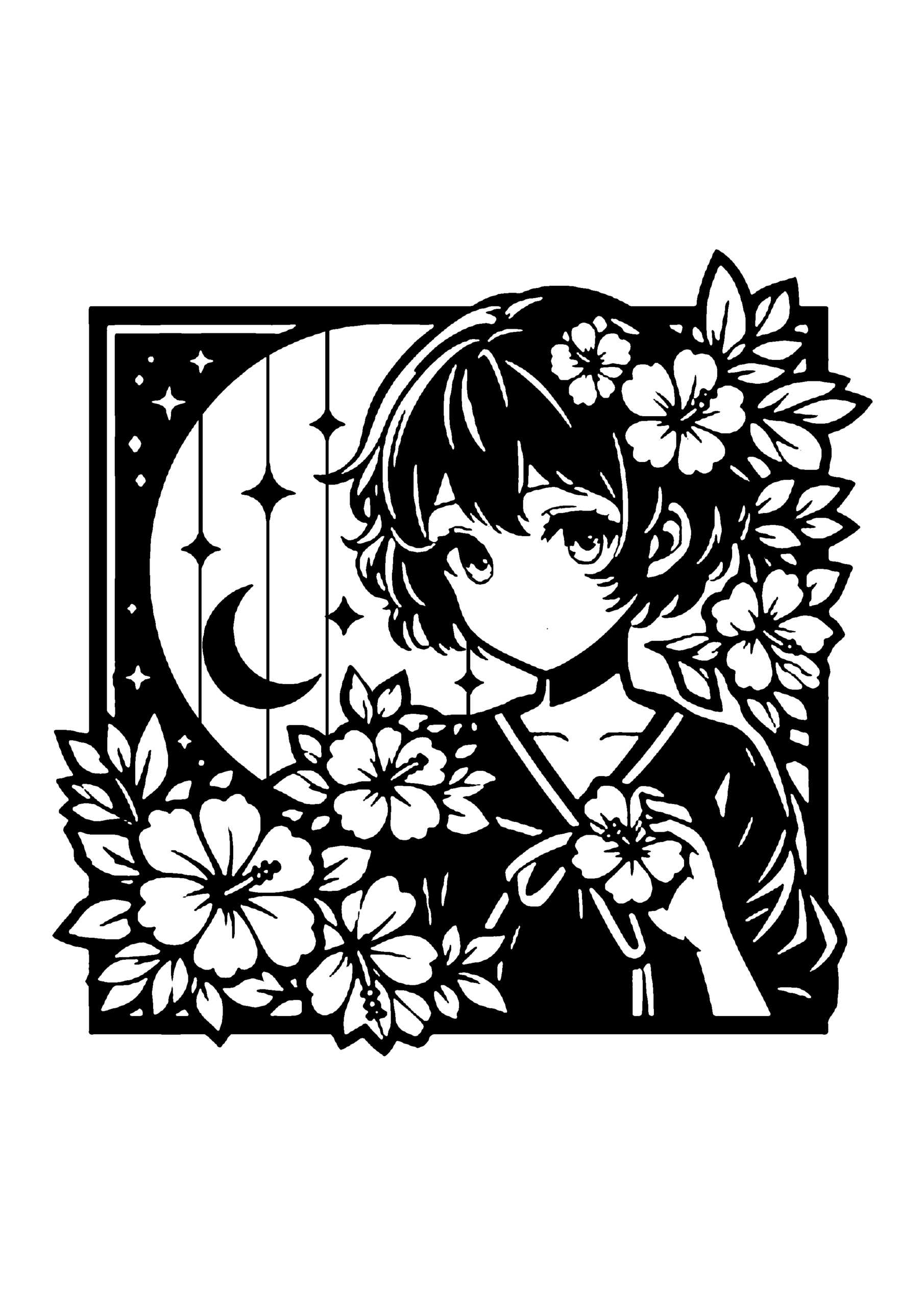 花に囲まれた和風少女のかわいいポートレート切り絵図案（無料・中級者向け）0275