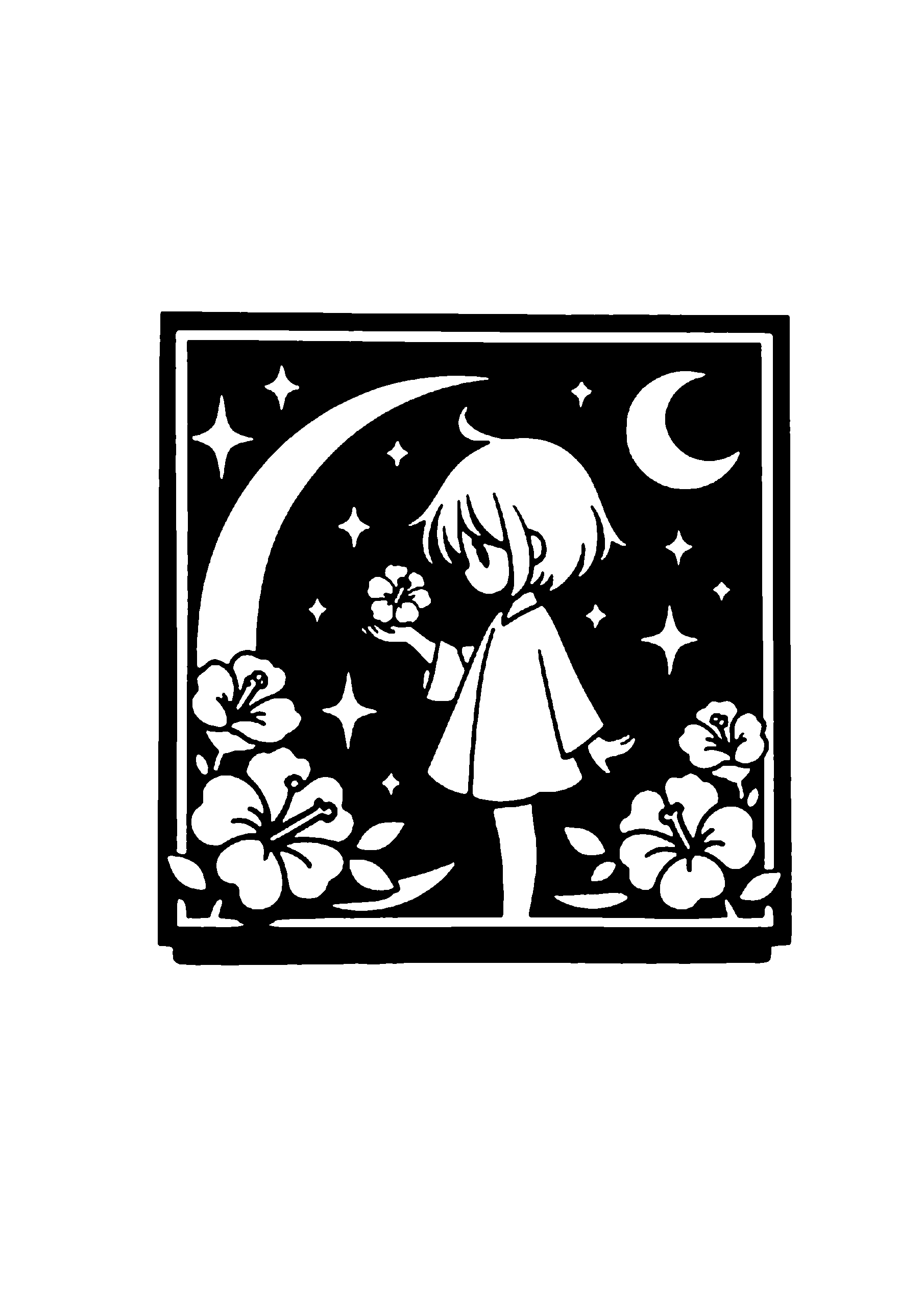 月と星と花に囲まれた少女のメルヘン切り絵図案（無料・初心者向け）0276