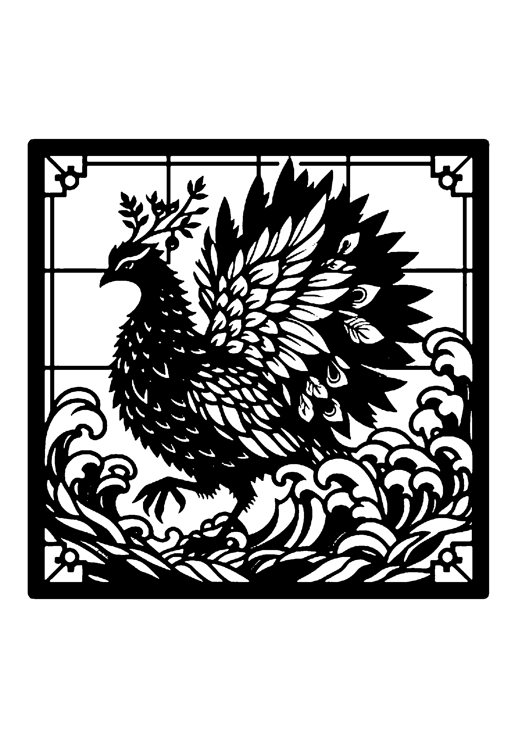 波に囲まれた中で羽ばたく大きな鳥のダイナミックな切り絵