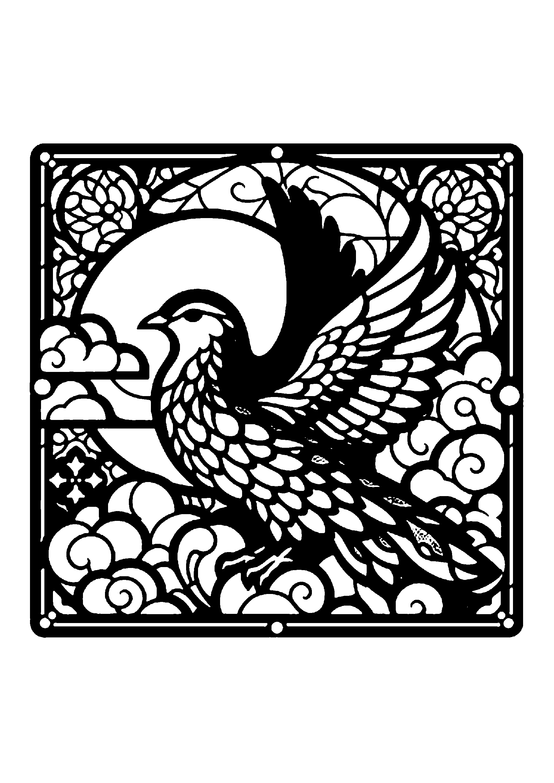 月を背景に翼を広げる鳥と花々が装飾された華やかな切り絵
