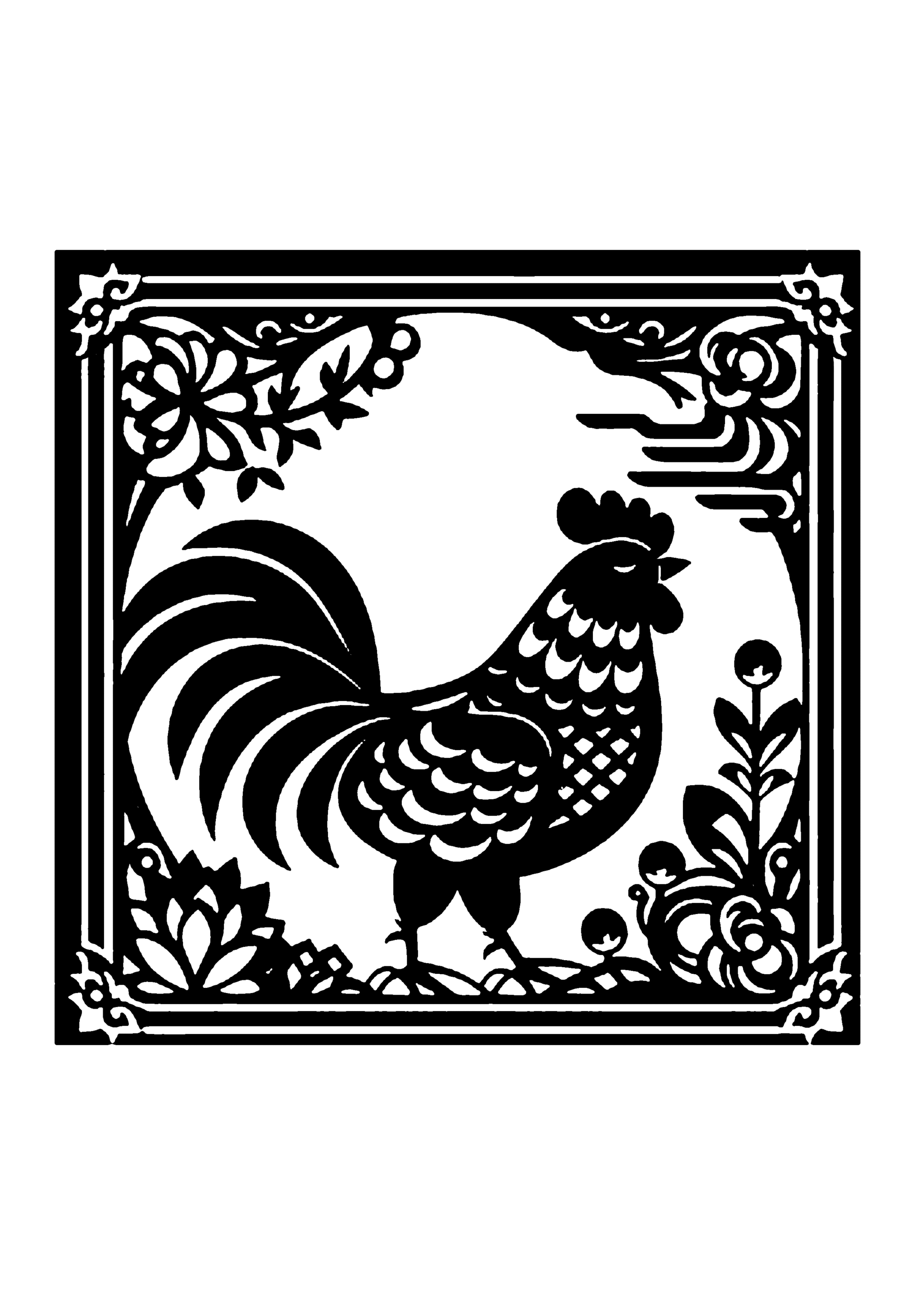 四角い枠の中で花と雲に囲まれた鳥が描かれた伝統的な切り絵