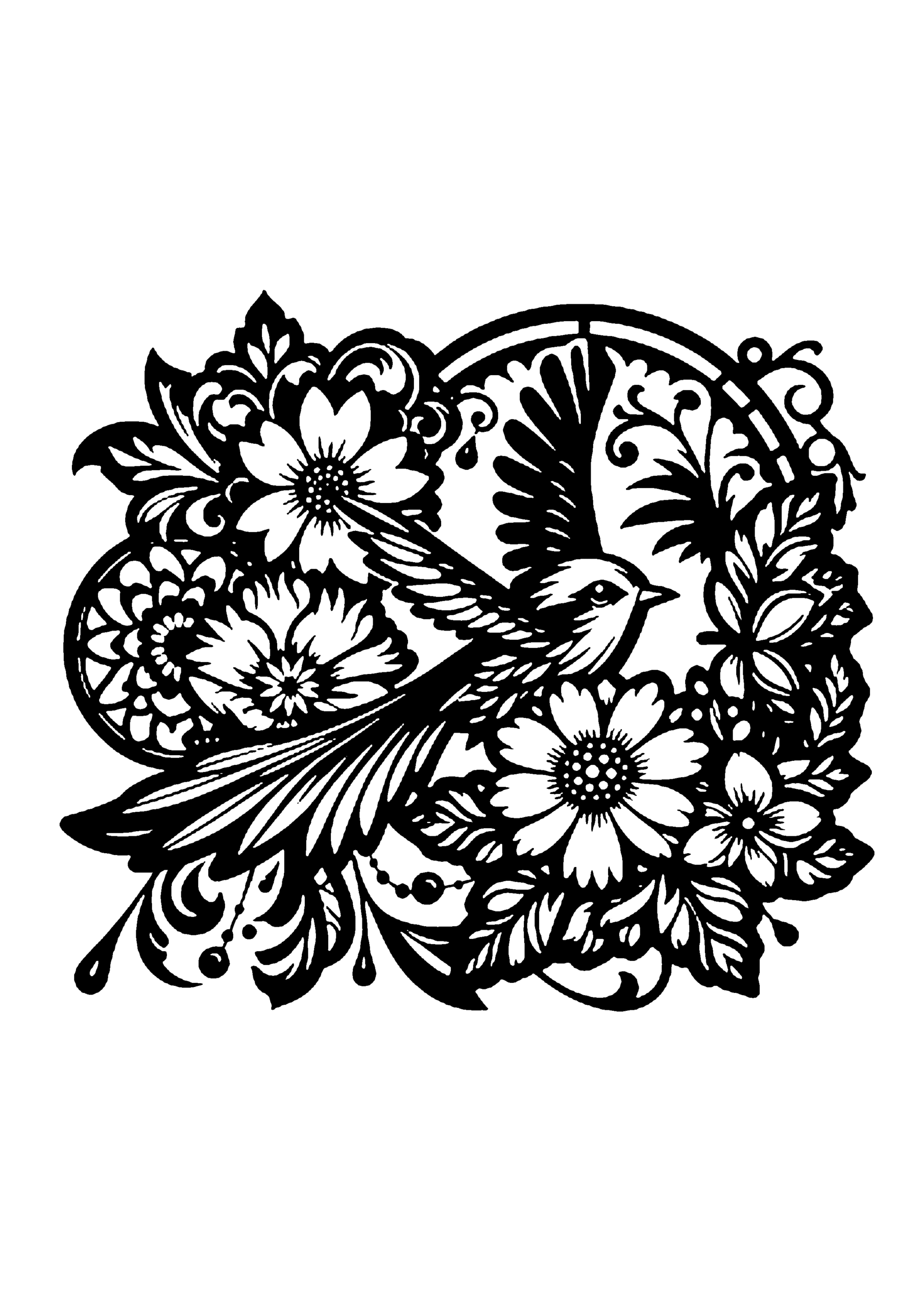 花と葉に囲まれた中で羽を広げる鳥の優雅な装飾切り絵