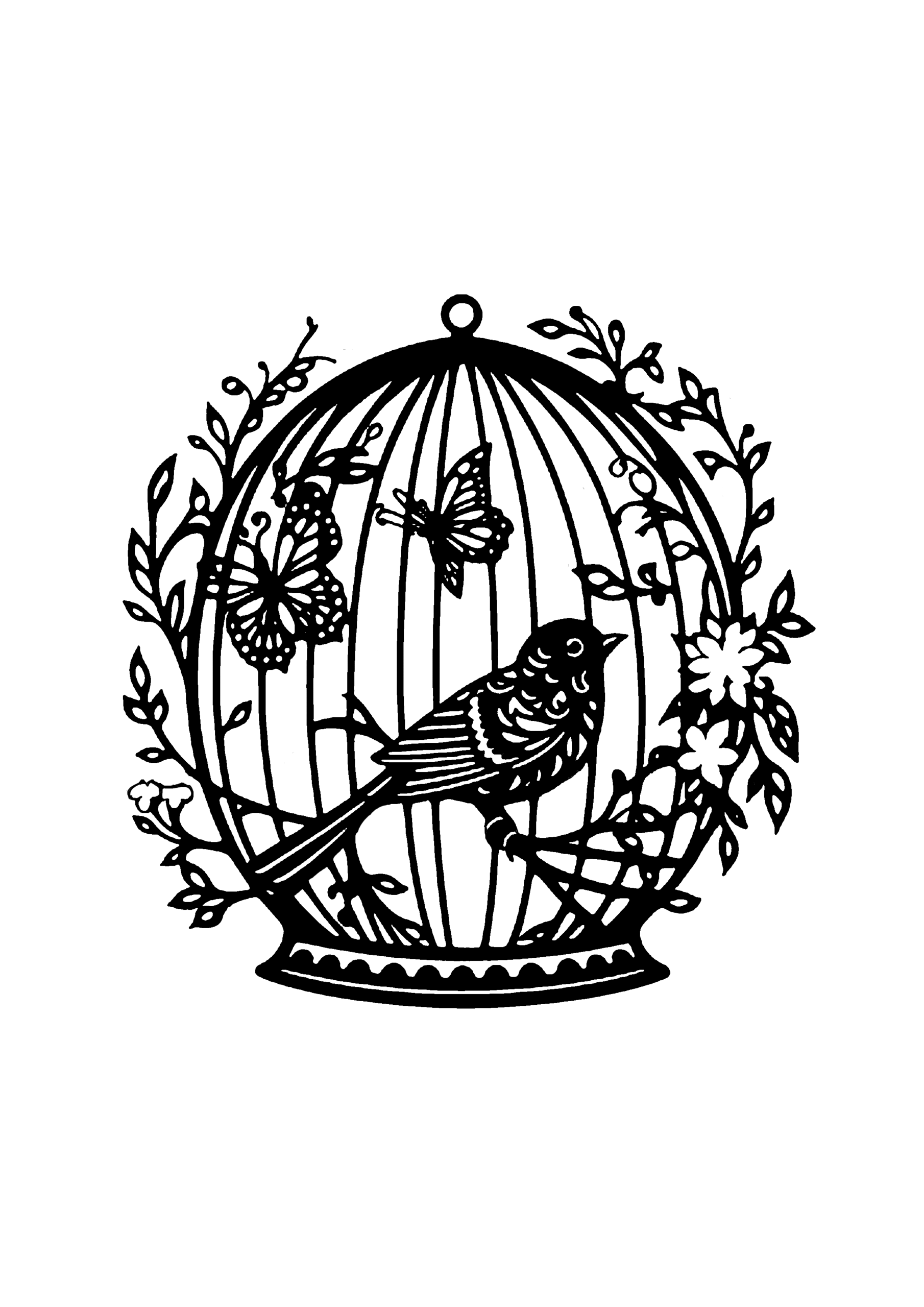 円形の鳥かごの中に止まる小鳥と花の繊細な切り絵