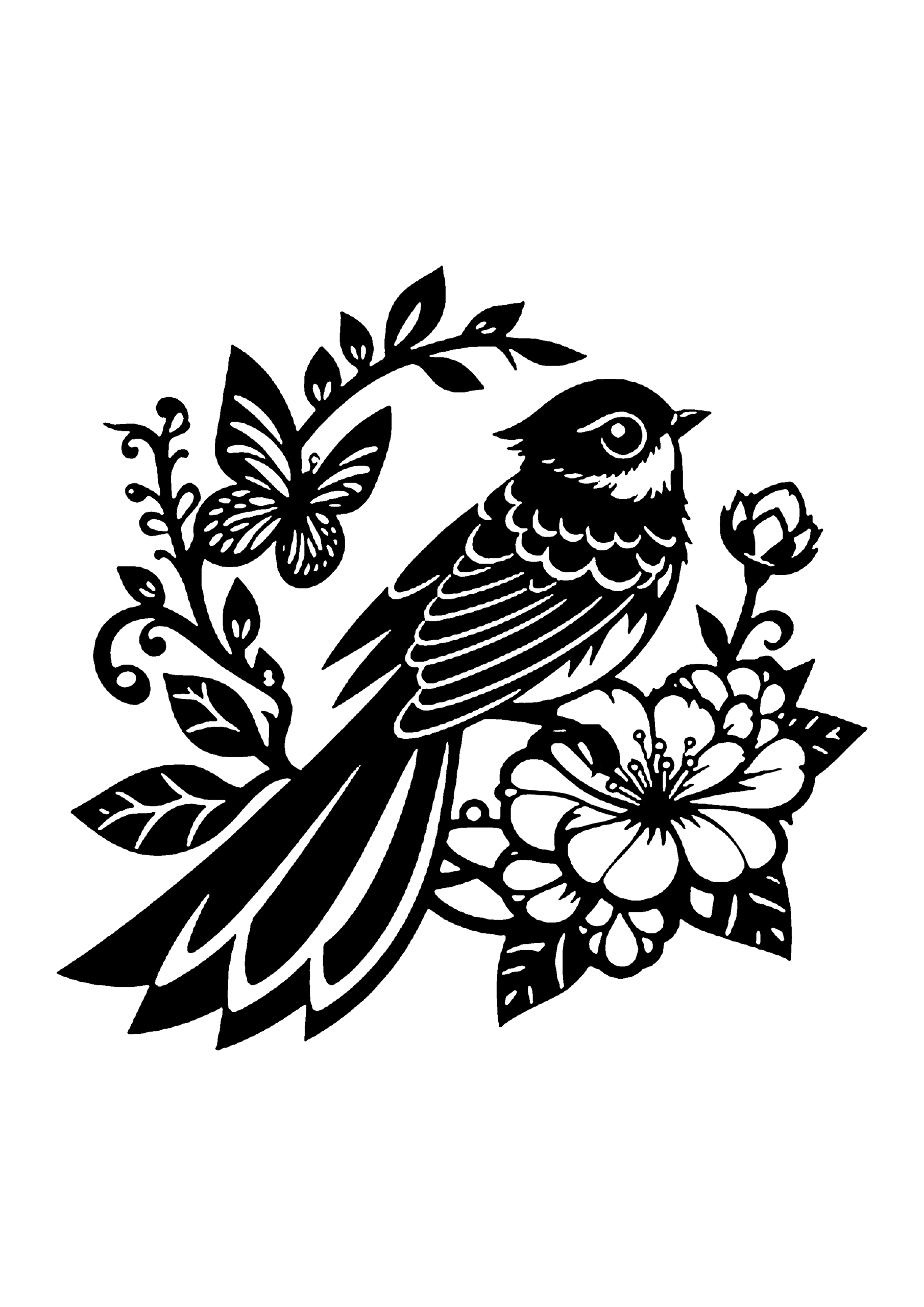 花と蝶に囲まれた小鳥が枝に止まる自然豊かな切り絵