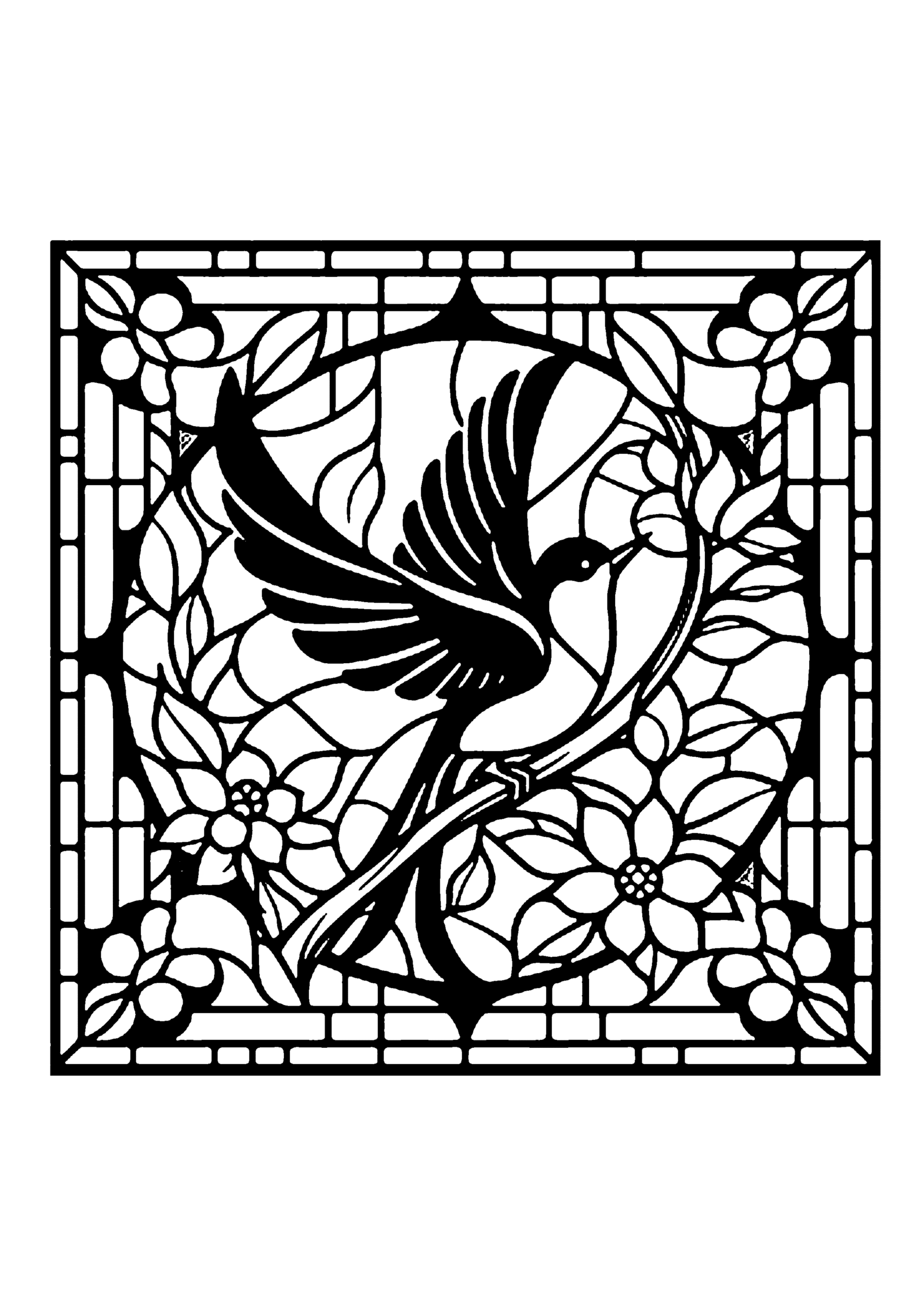 ステンドグラス風の枠の中で羽ばたく鳥の装飾的な切り絵