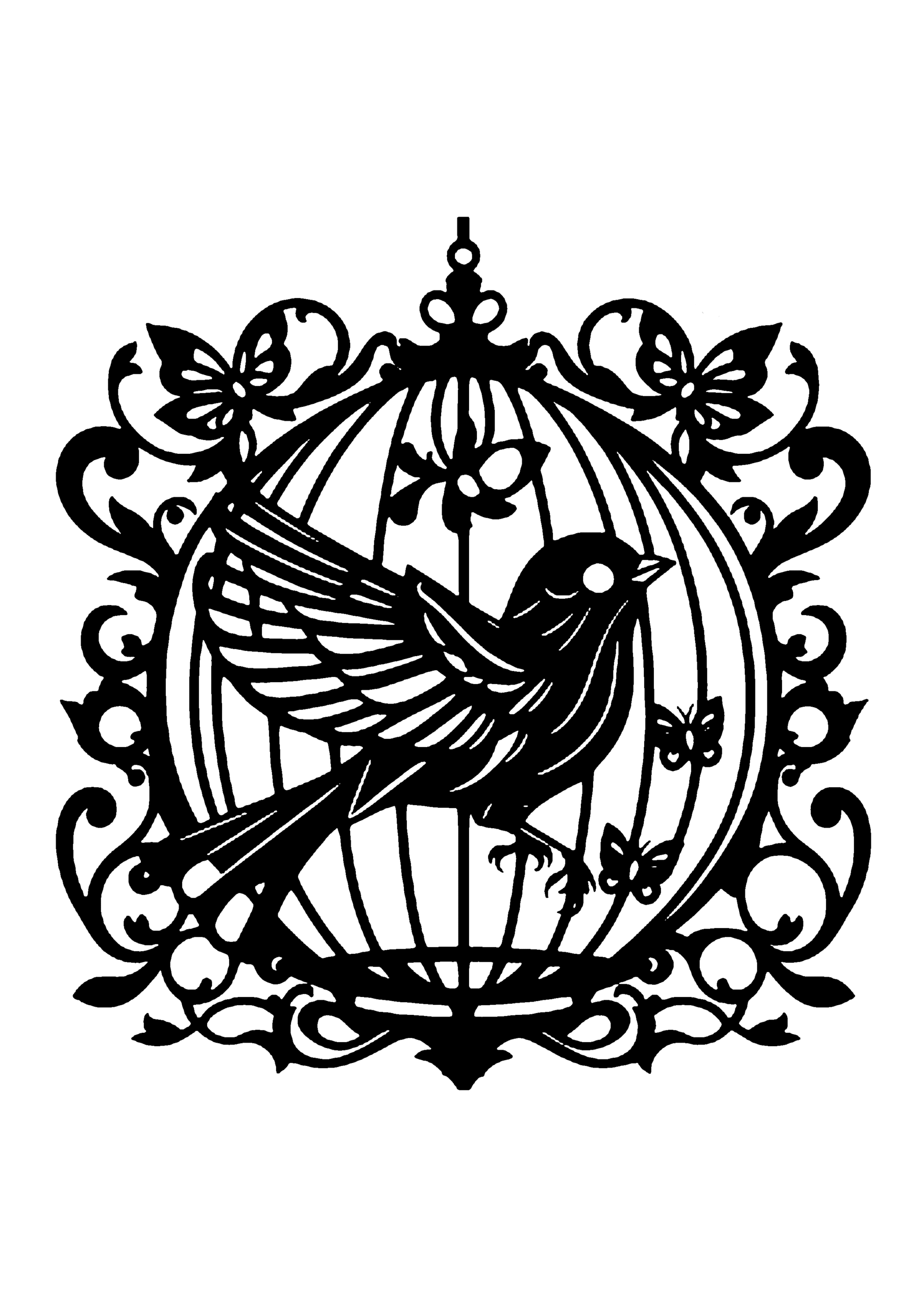 曲線的な装飾枠と鳥かごの中で羽ばたく鳥の華やかな切り絵