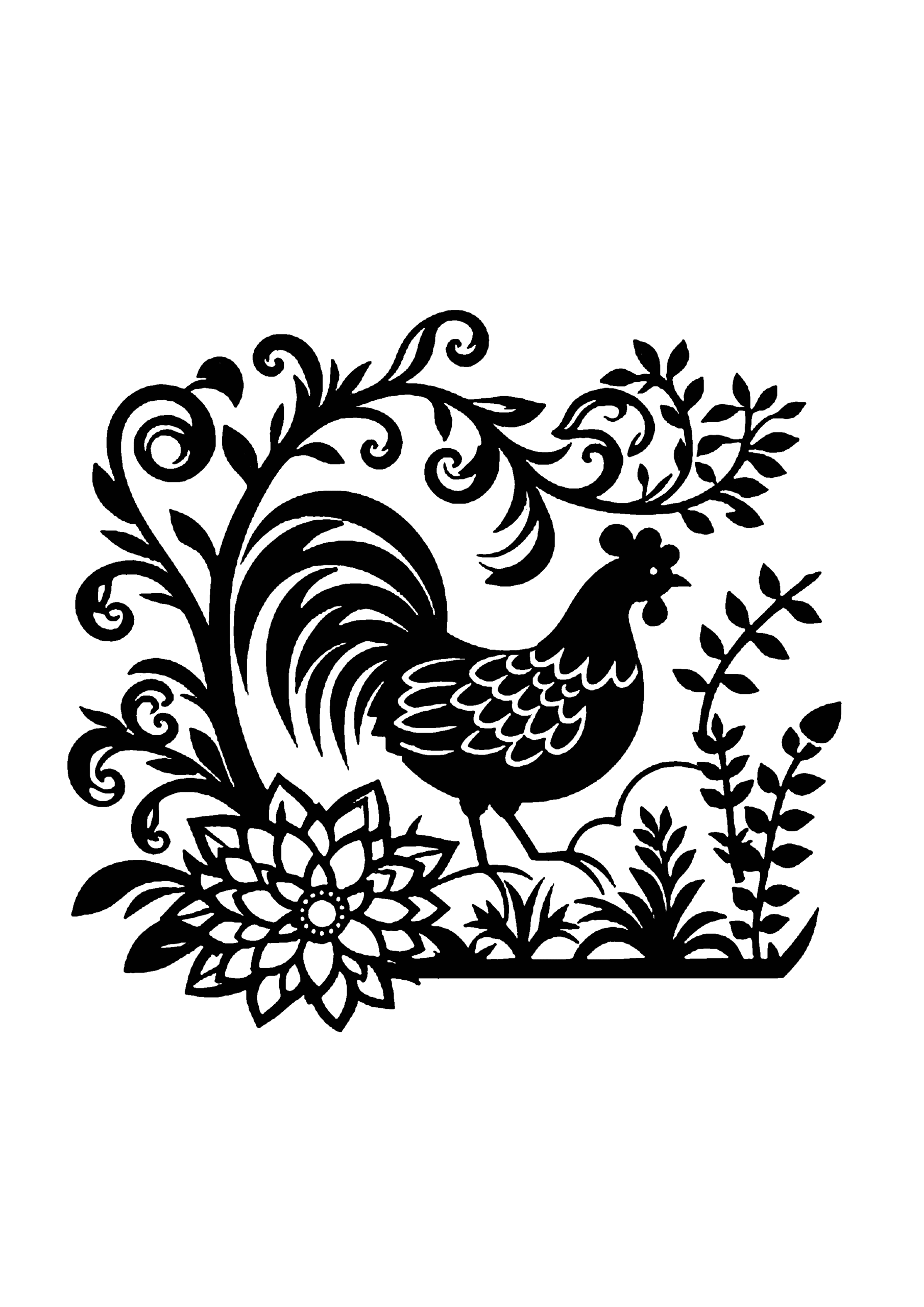 花と植物に囲まれた中で鶏が描かれた民芸風の切り絵