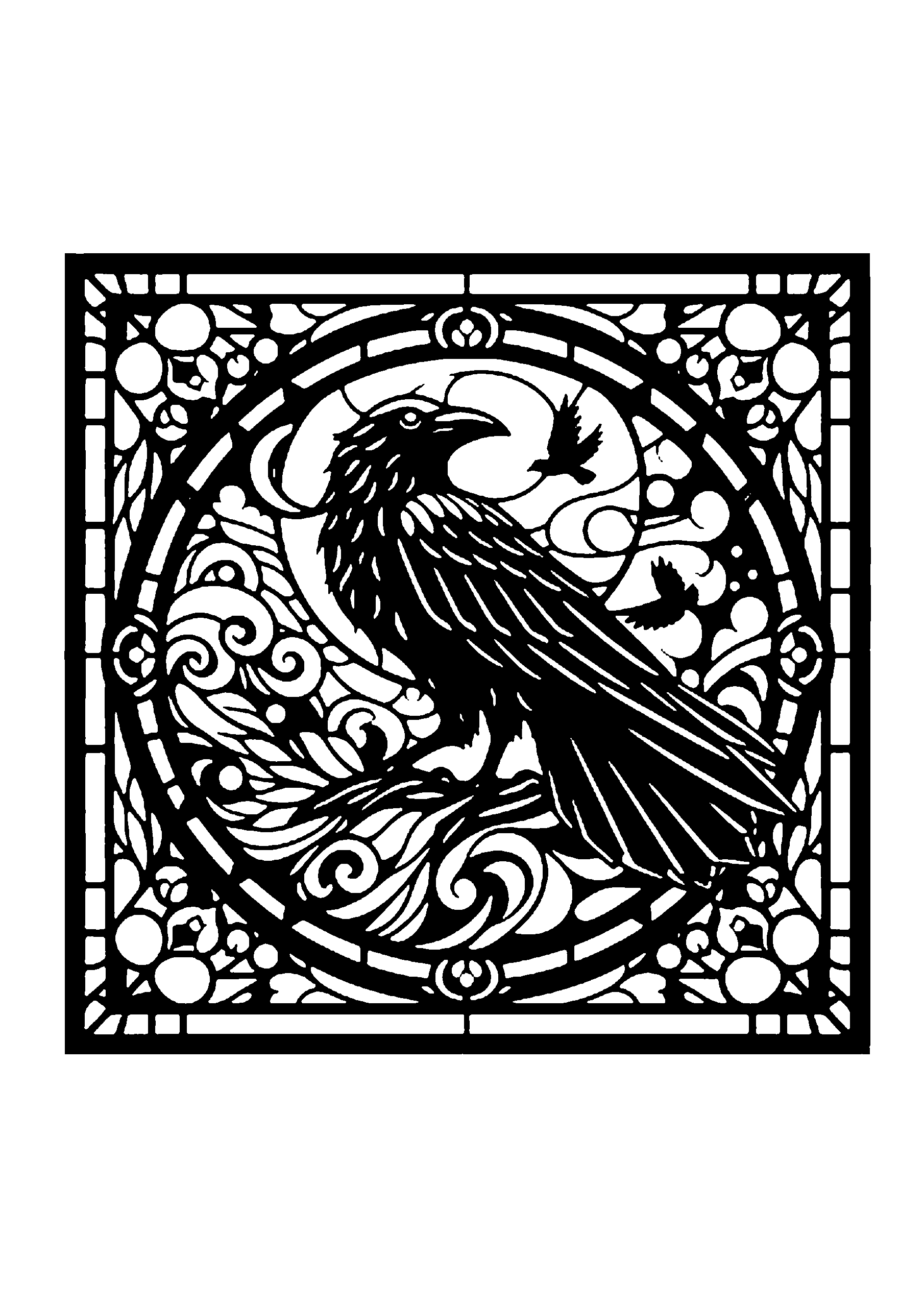 円形の装飾枠の中で枝に止まる鳥と月が描かれたクラシカルな切り絵