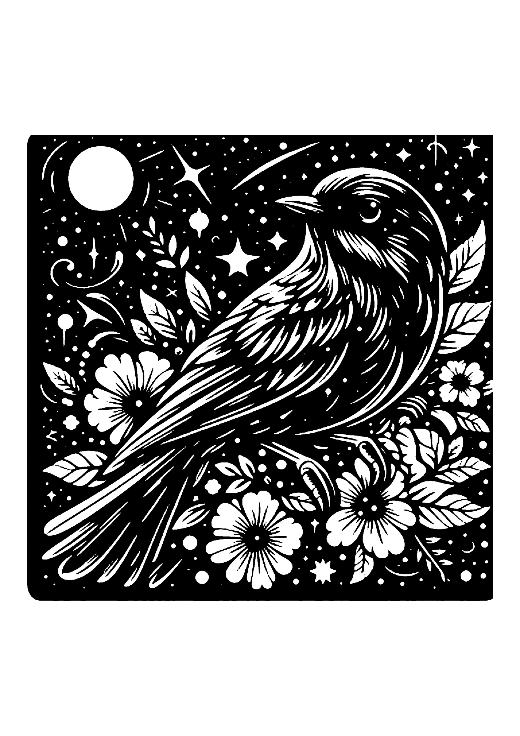 星空と満月の下、花々に囲まれて佇むリアルな鳥の幻想的な切り絵
