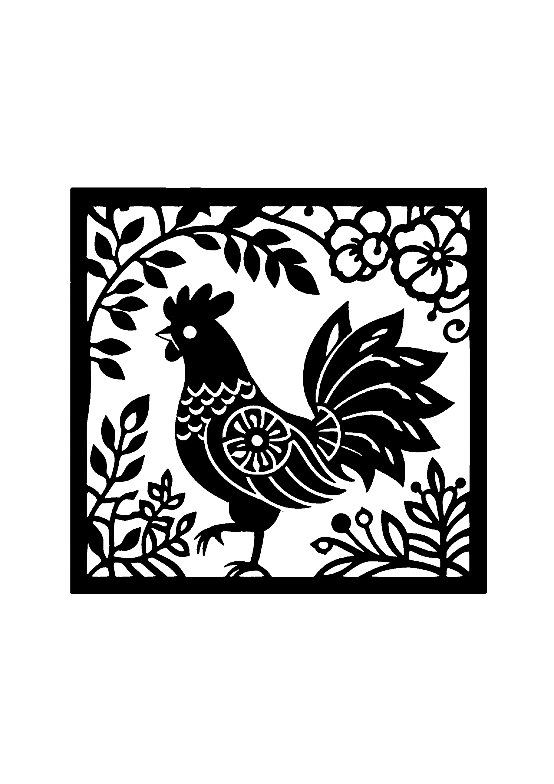 花と葉に囲まれた中で横向きの鶏が描かれたシンプルな装飾切り絵