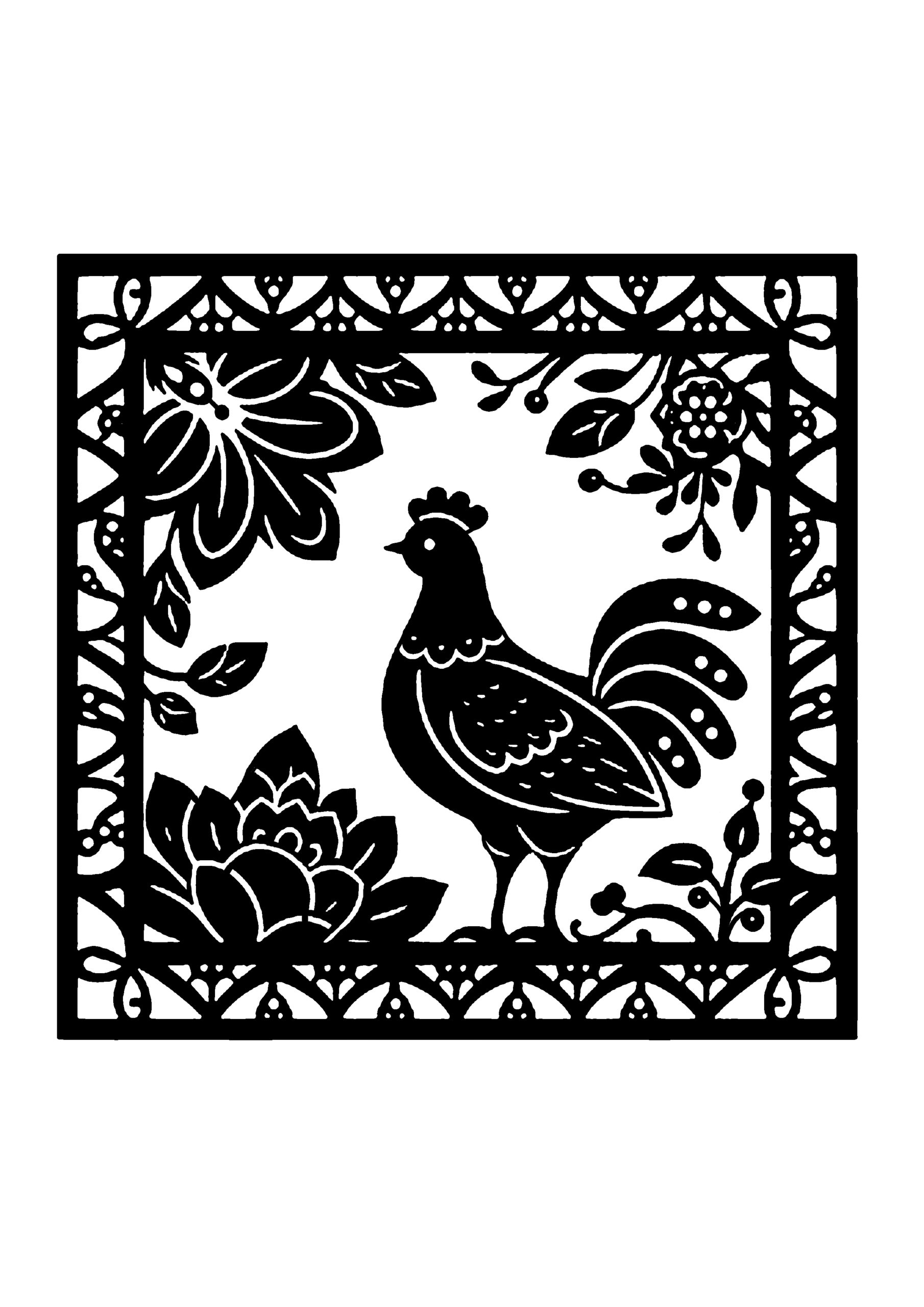 四角い枠と花模様に囲まれた中で立つ鶏の民芸風切り絵