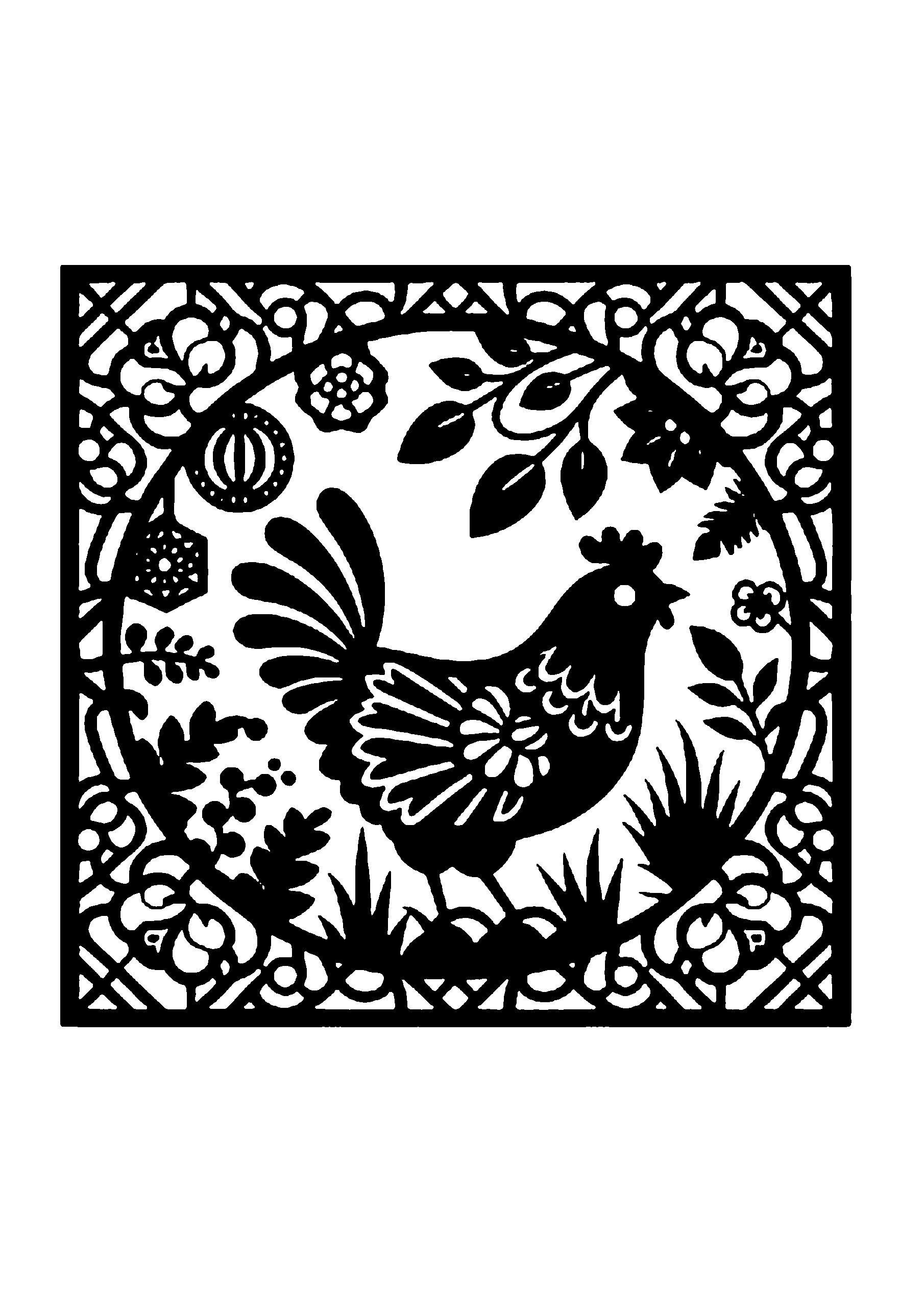 花と葉に囲まれた中で羽を広げる鶏の華やかな切り絵