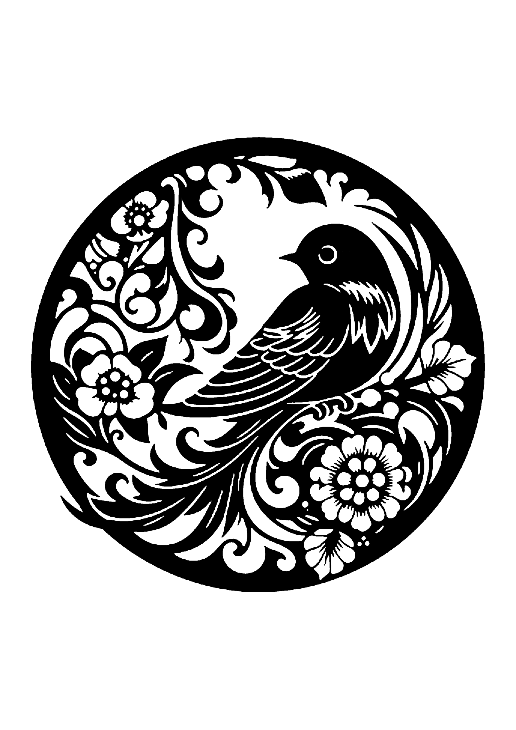 円形の装飾枠の中で花とともに描かれた小鳥の優雅な切り絵