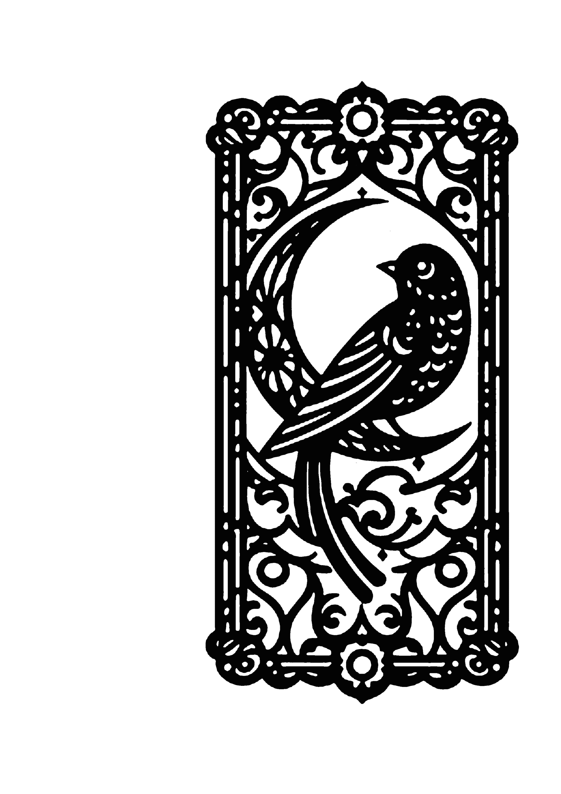 縦長の装飾枠の中で枝に止まる鳥と月が描かれた繊細な切り絵