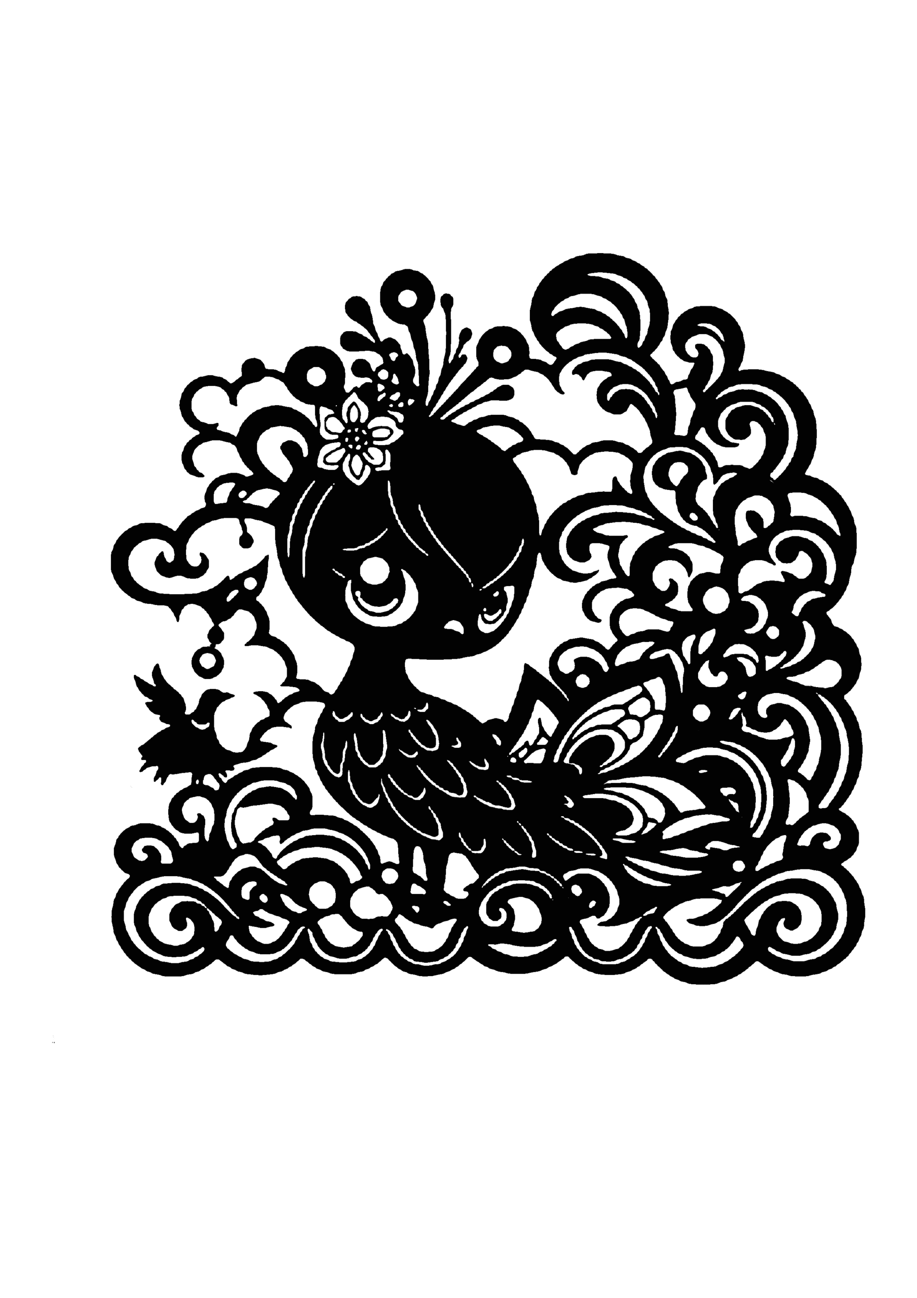 花や雲の装飾に囲まれた中でふくらみのある鳥が描かれた華やかな切り絵