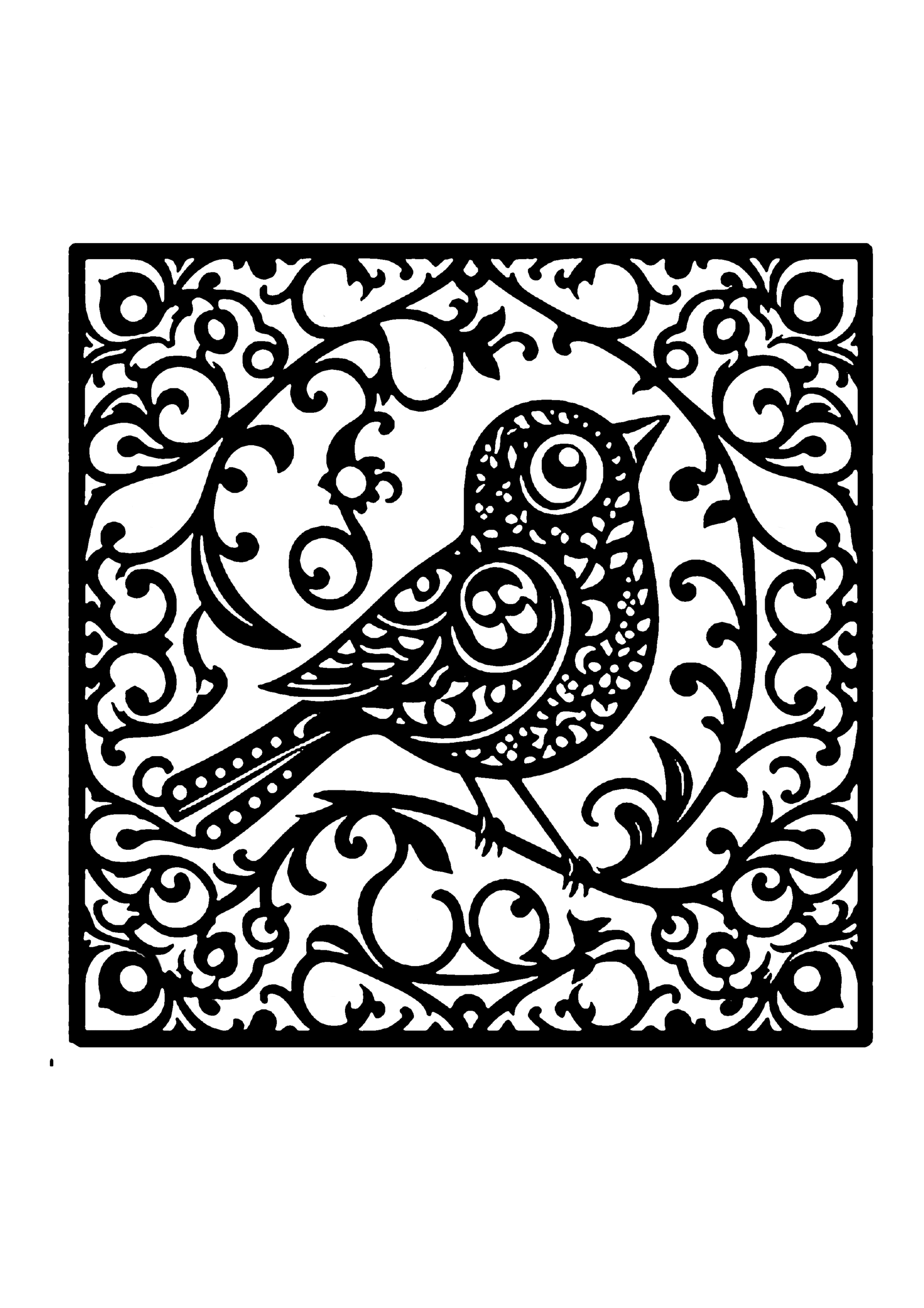 四角い枠の中で小枝にとまっている小さな鳥が力強く描かれた切り絵