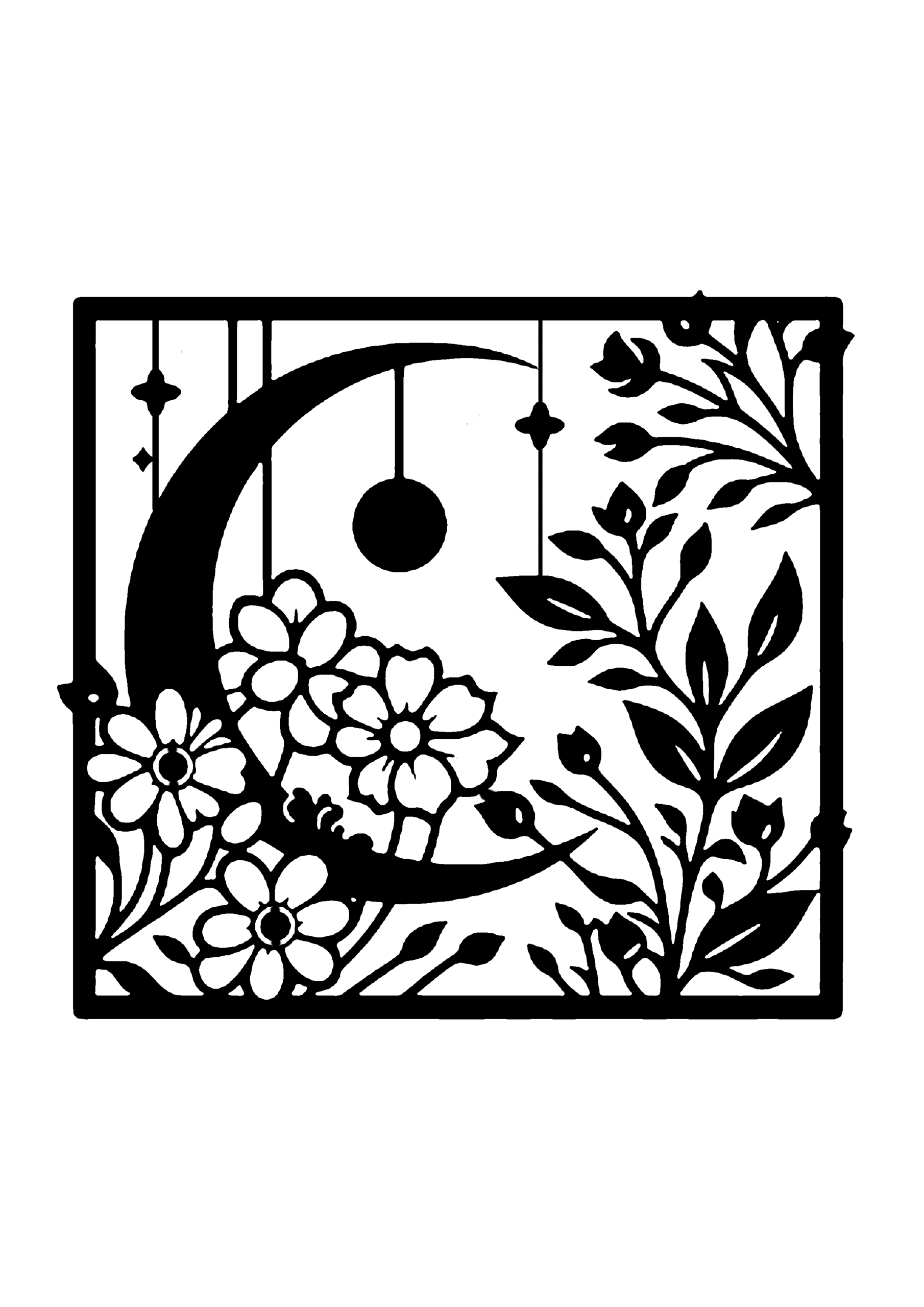 切り絵図案:左の三日月と吊るされた星の飾りに対し、右から伸びる葉と小花が美しいアシンメトリーなデザイン0319