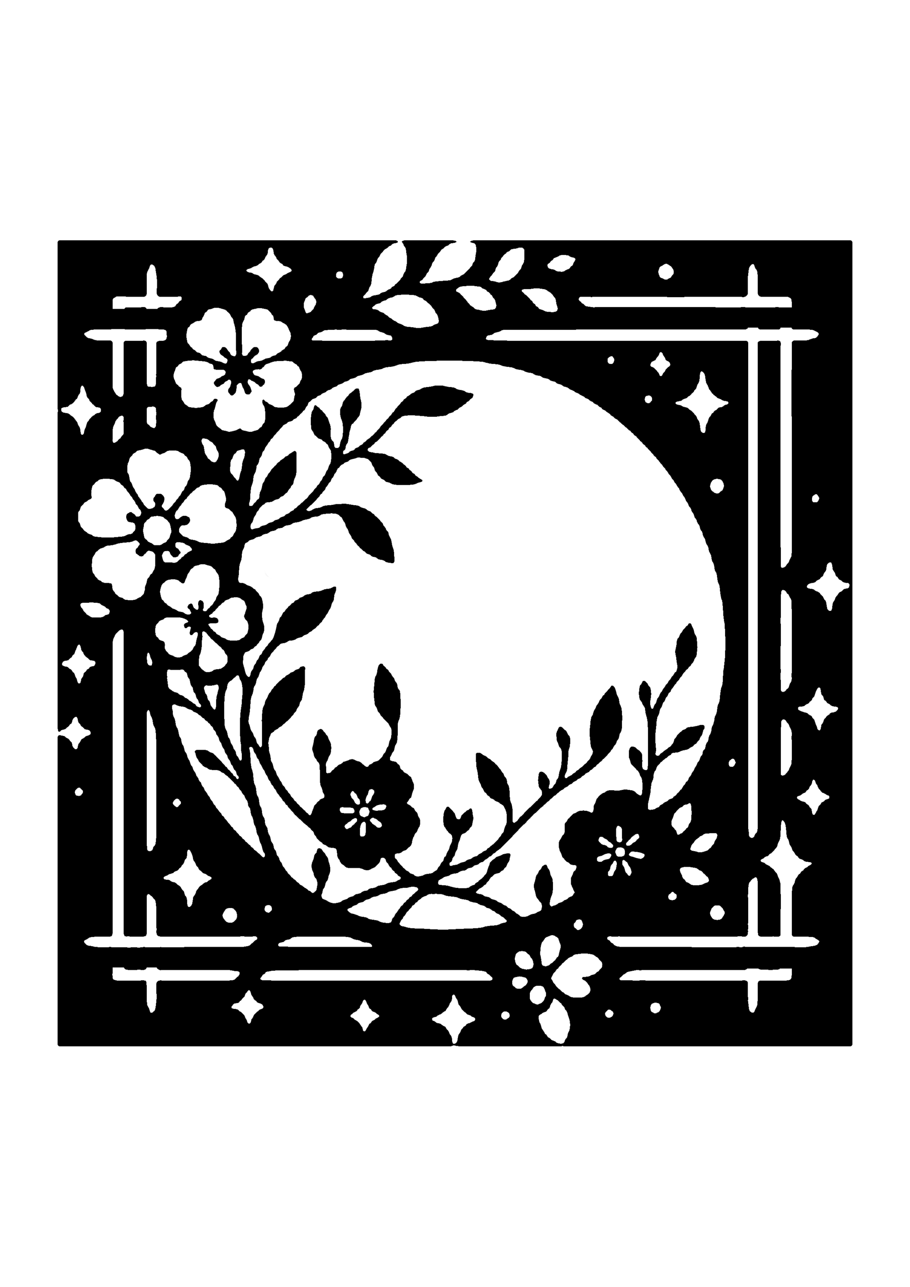 切り絵図案:大きな満月を背景に、左側から伸びる花の枝が美しいシルエットを描き出すデザイン0321