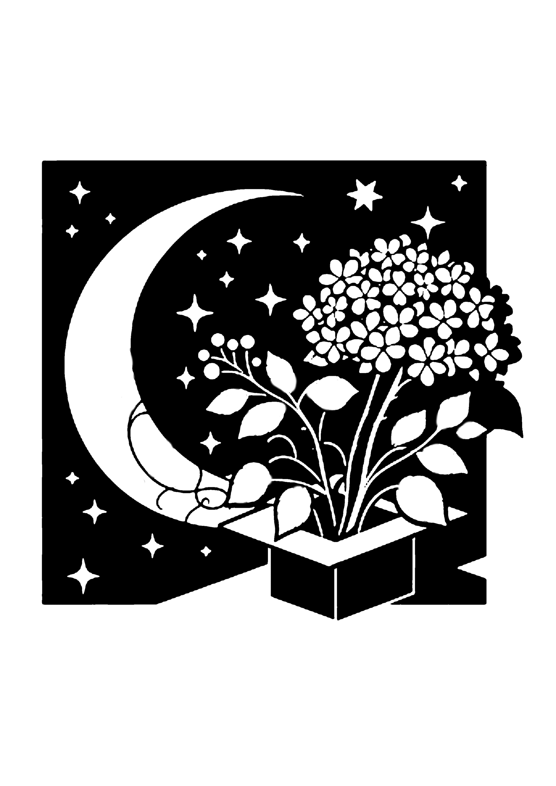 切り絵図案：左に寄り添う三日月と星空、右に鉢植えの紫陽花を配置した、日常の夜の温かみを感じるデザイン0324