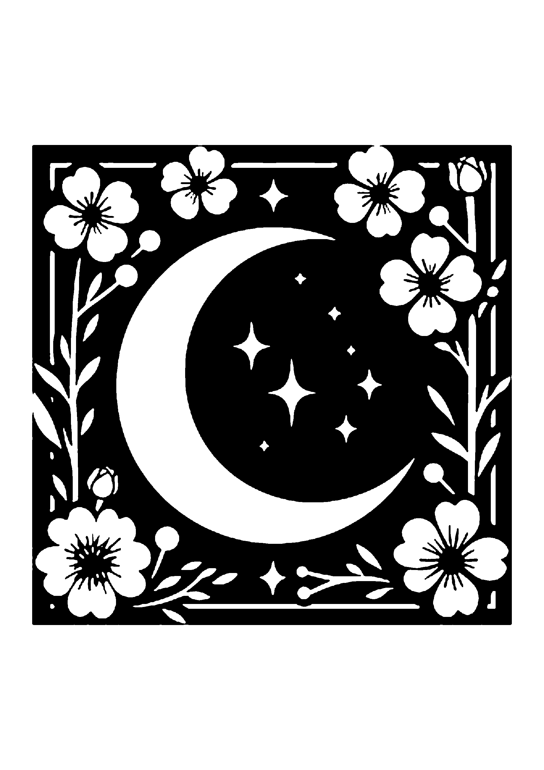 切り絵図案：中央の三日月を囲むように、四隅に花を散りばめたバランスの取れた装飾的なデザイン0325