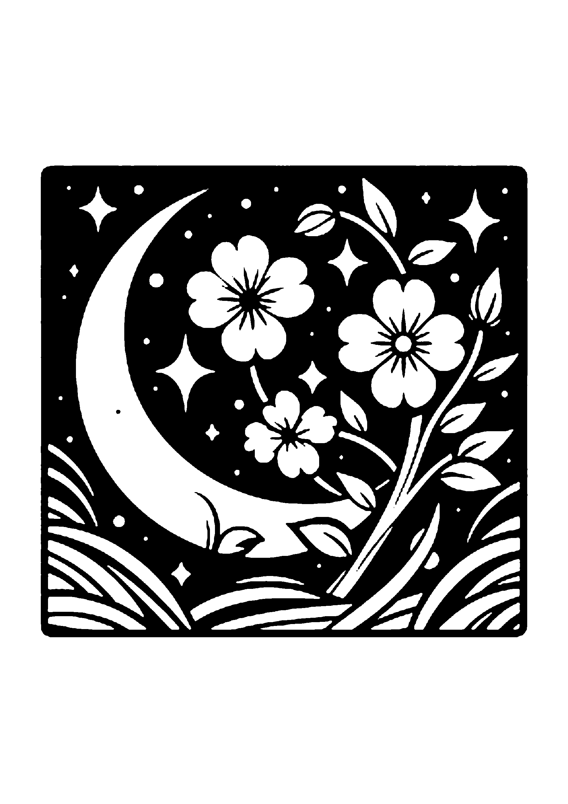 大きな三日月と、夜空に舞うように咲き誇る花々が、春の夜の幻想的な物語を紡ぎ出す切り絵図案0326