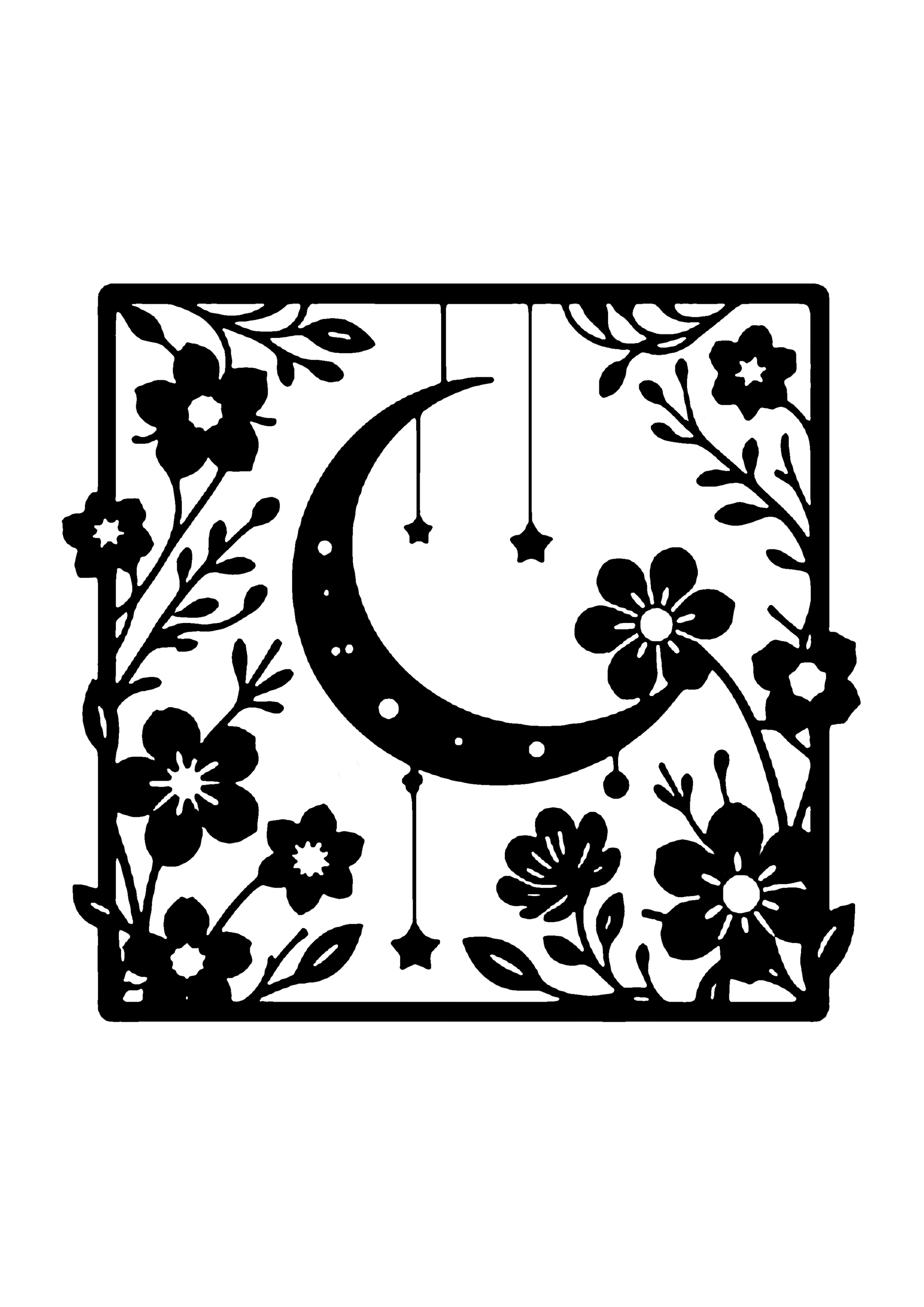 中央の三日月を取り囲むように愛らしい花々と星飾りが配置され、静かで温かな夜の情景を描き出す、余白の美を活かした切り絵図案0327