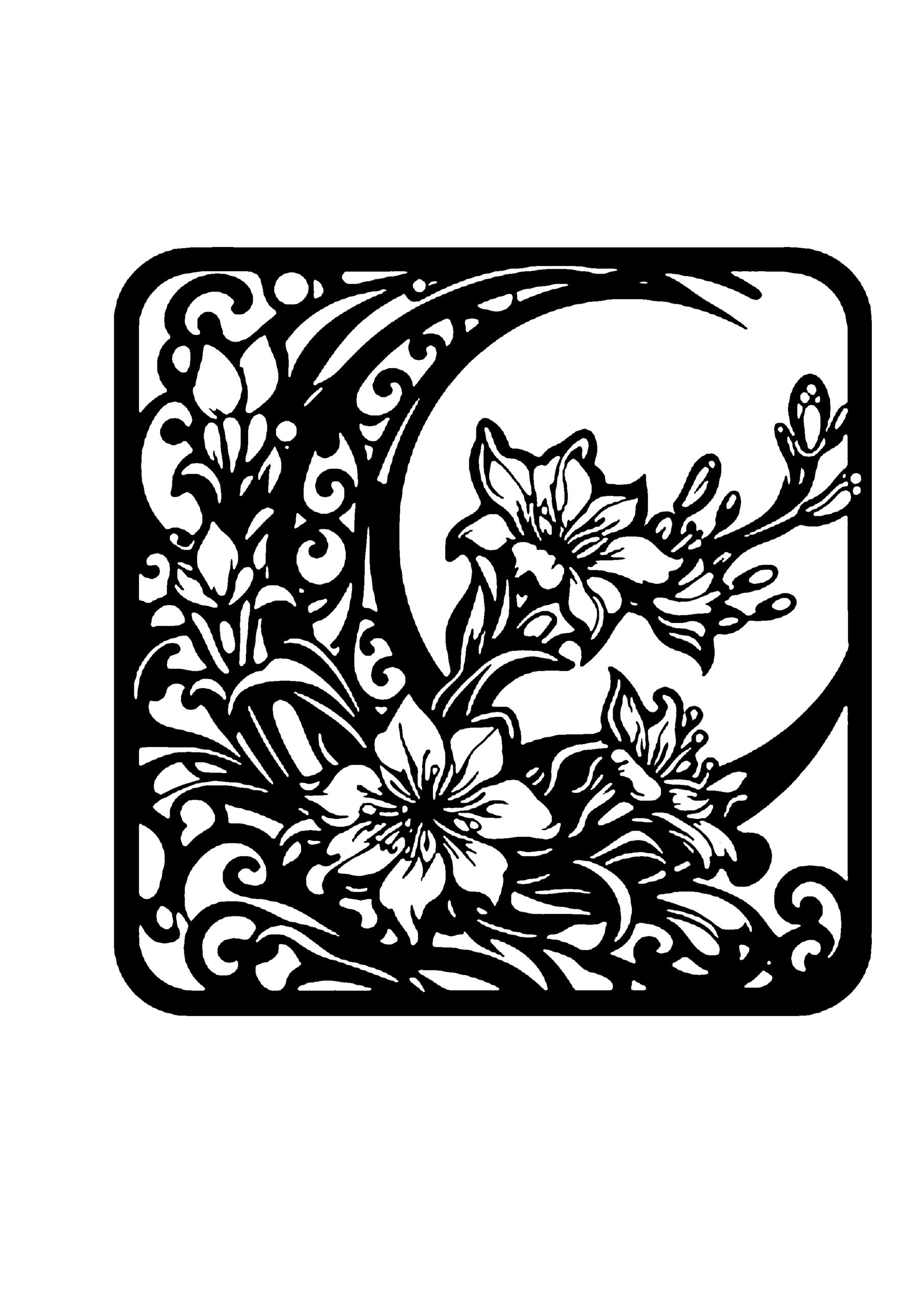 百合のような大輪の花と三日月が交差する、動きのある構図がドラマチックな切り絵図案0328