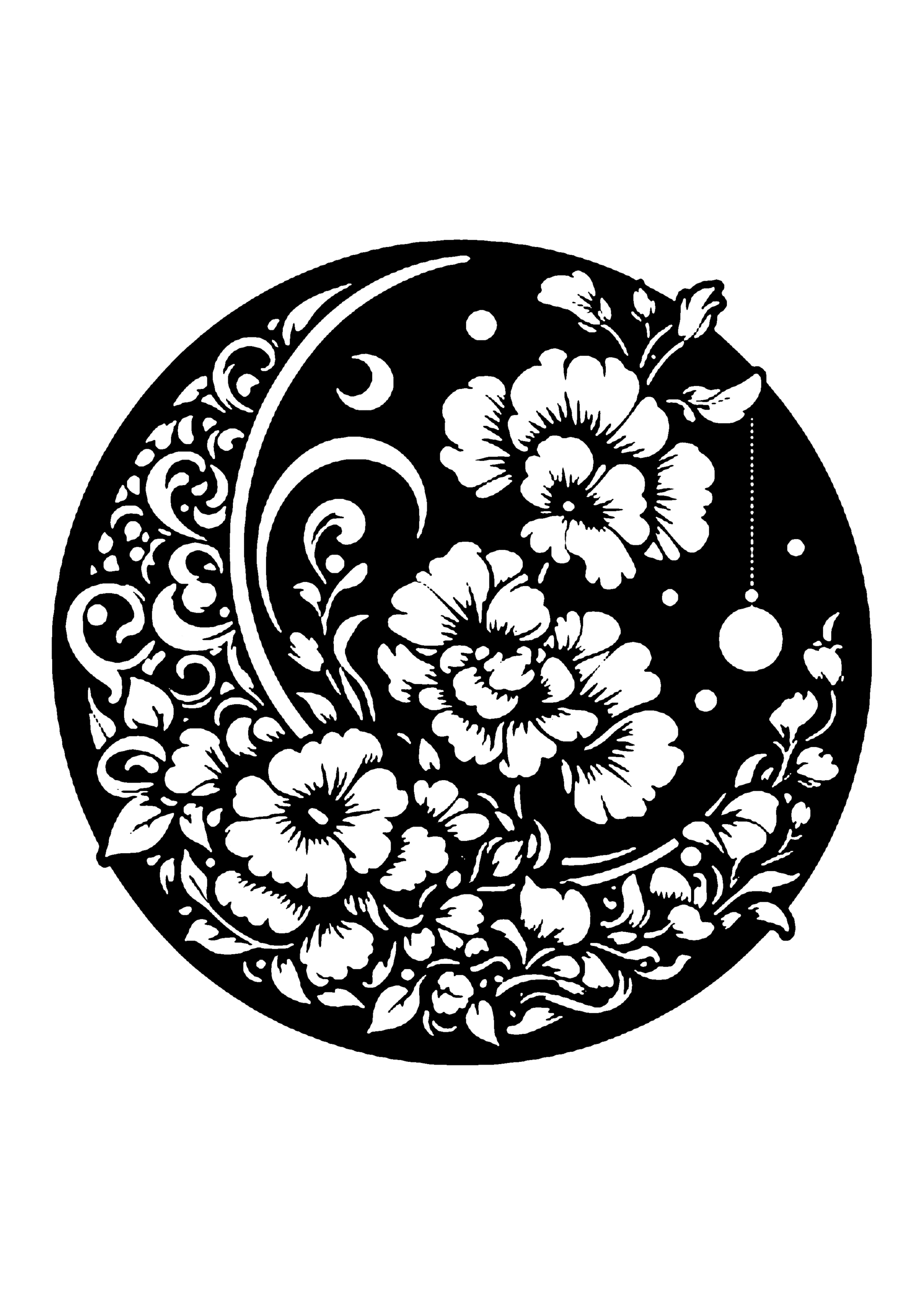 円形の枠内に、三日月と華やかな花々、そして流麗な曲線模様が美しく調和した、装飾性の高い切り絵図案0331