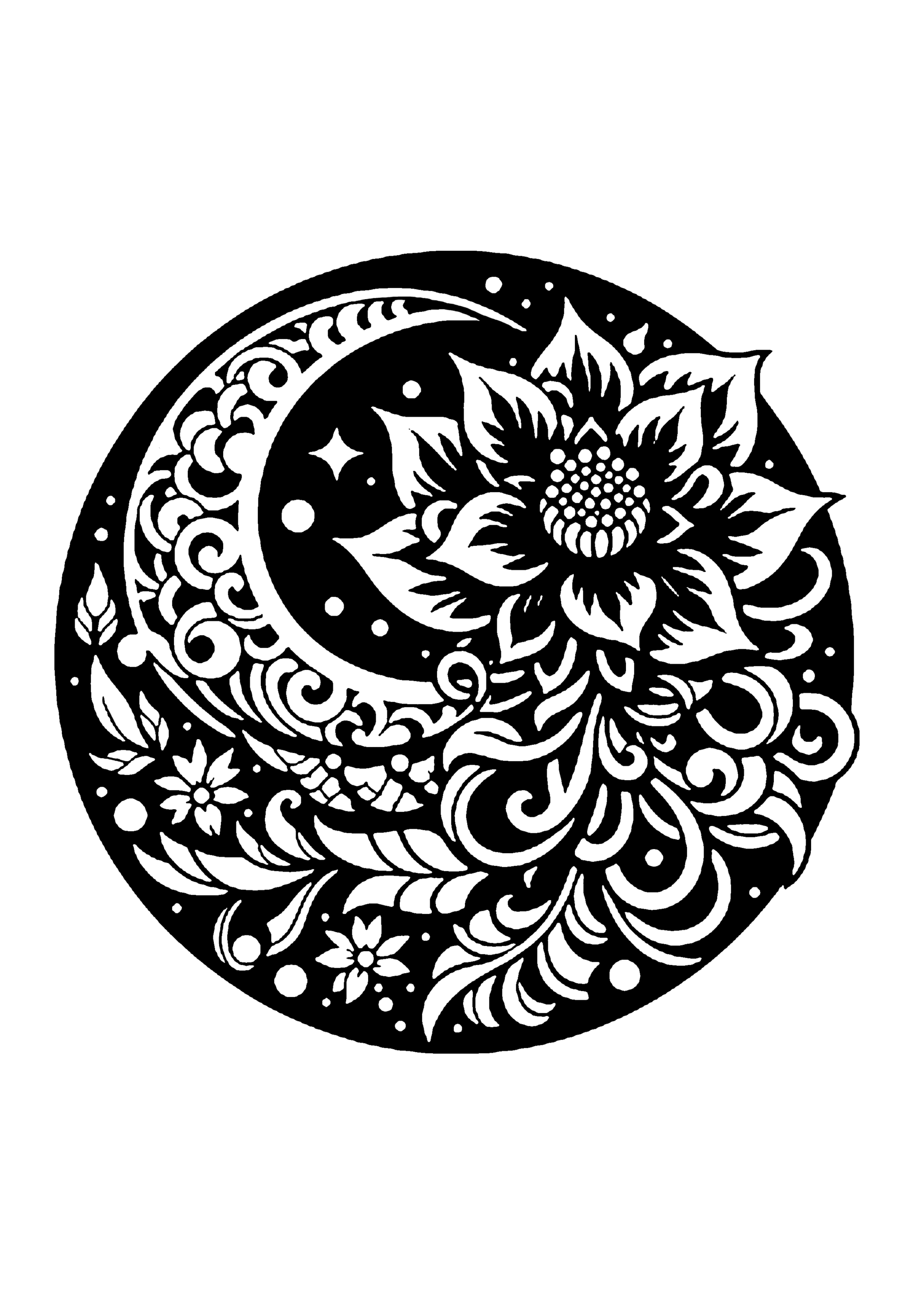 画面いっぱいに広がる緻密な大輪の花が三日月を包み込む、圧巻の密度とデザイン性が目を引く円形の切り絵図案0333