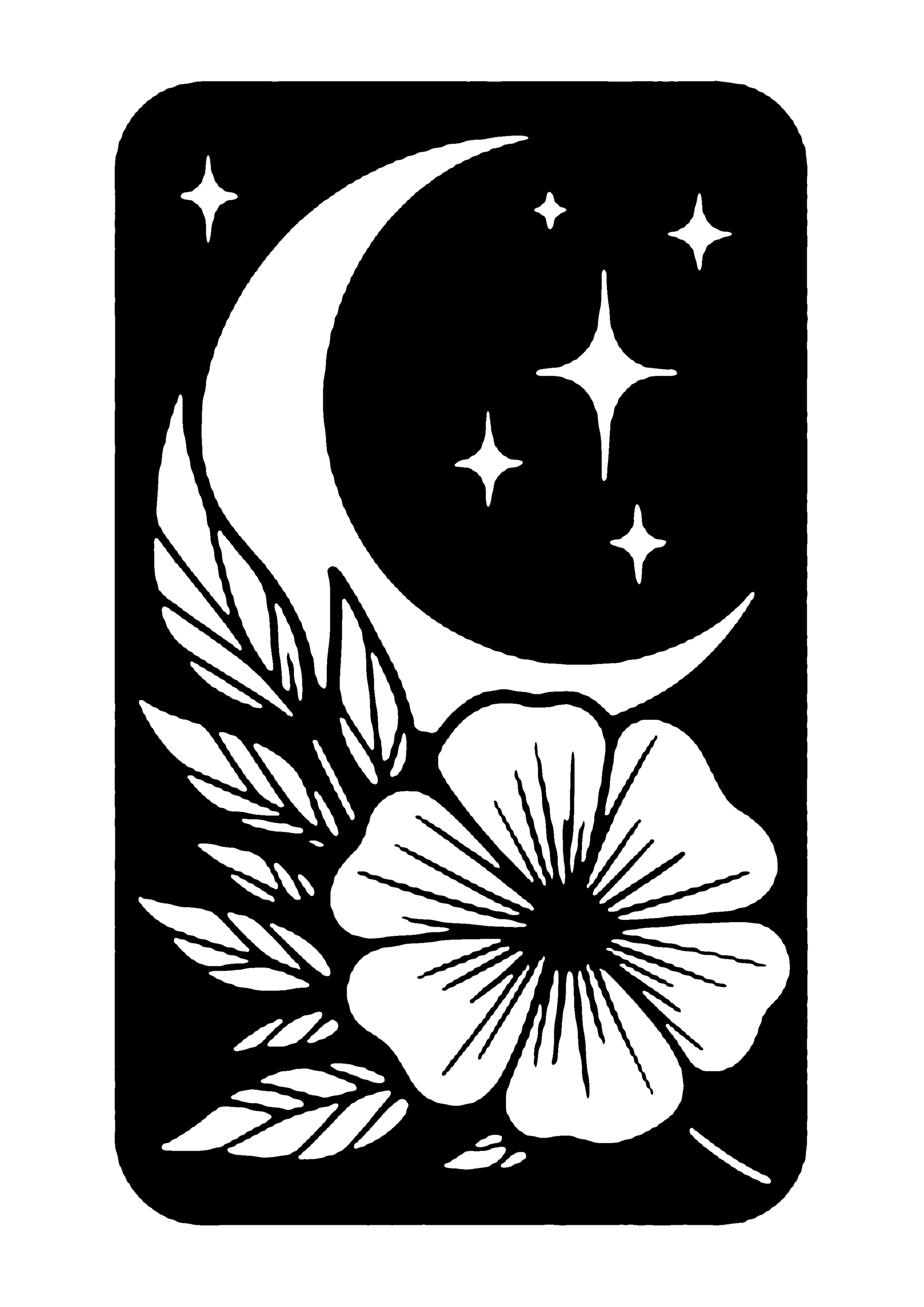 三日月と、右下に咲く一輪の大きな花が、大胆なコントラストを生み出しているモダンな切り絵図案0334