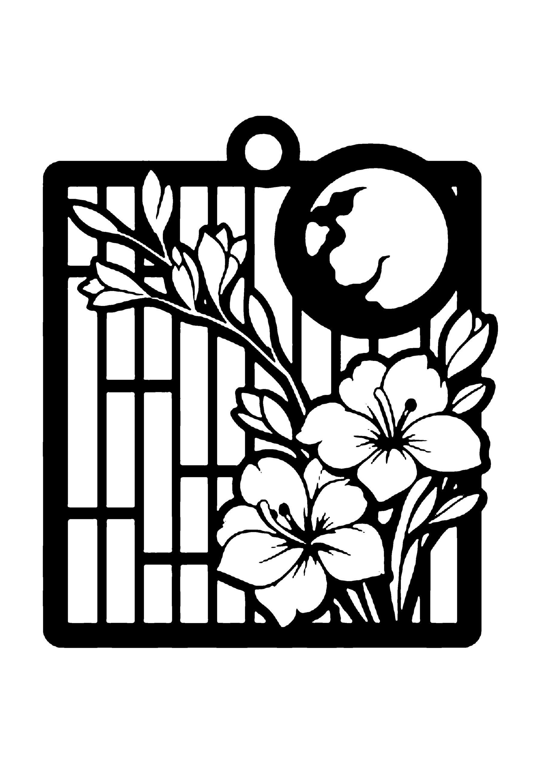 和室の格子窓から覗く雲のかかった満月と、手前に差し掛かる花の枝が、情緒豊かな日本の夜の風景を切り取った切り絵図案0335