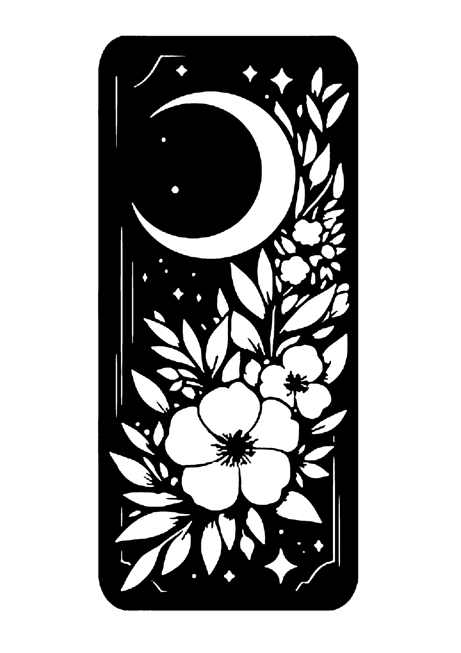 切り絵図案：縦長の構図で上部に三日月、下部に花と葉をあしらったデザイン0336