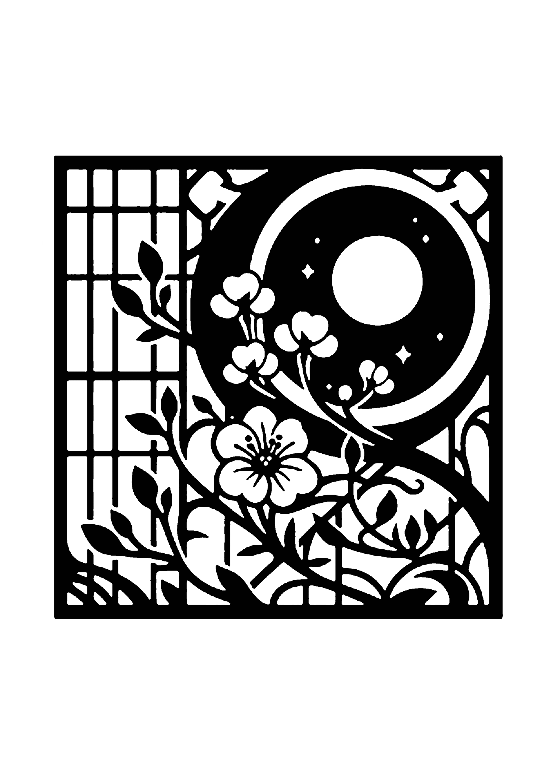 切り絵図案：格子窓と丸窓を背景に、三日月と桜の枝が重なる和風のデザイン0337