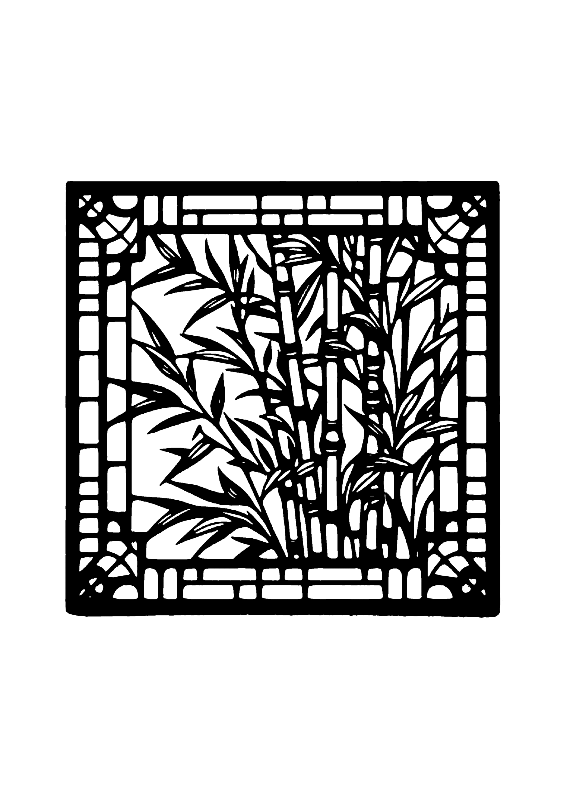 切り絵図案：四角い枠と格子の向こうに笹の葉が密生する風景を描いたデザイン0338
