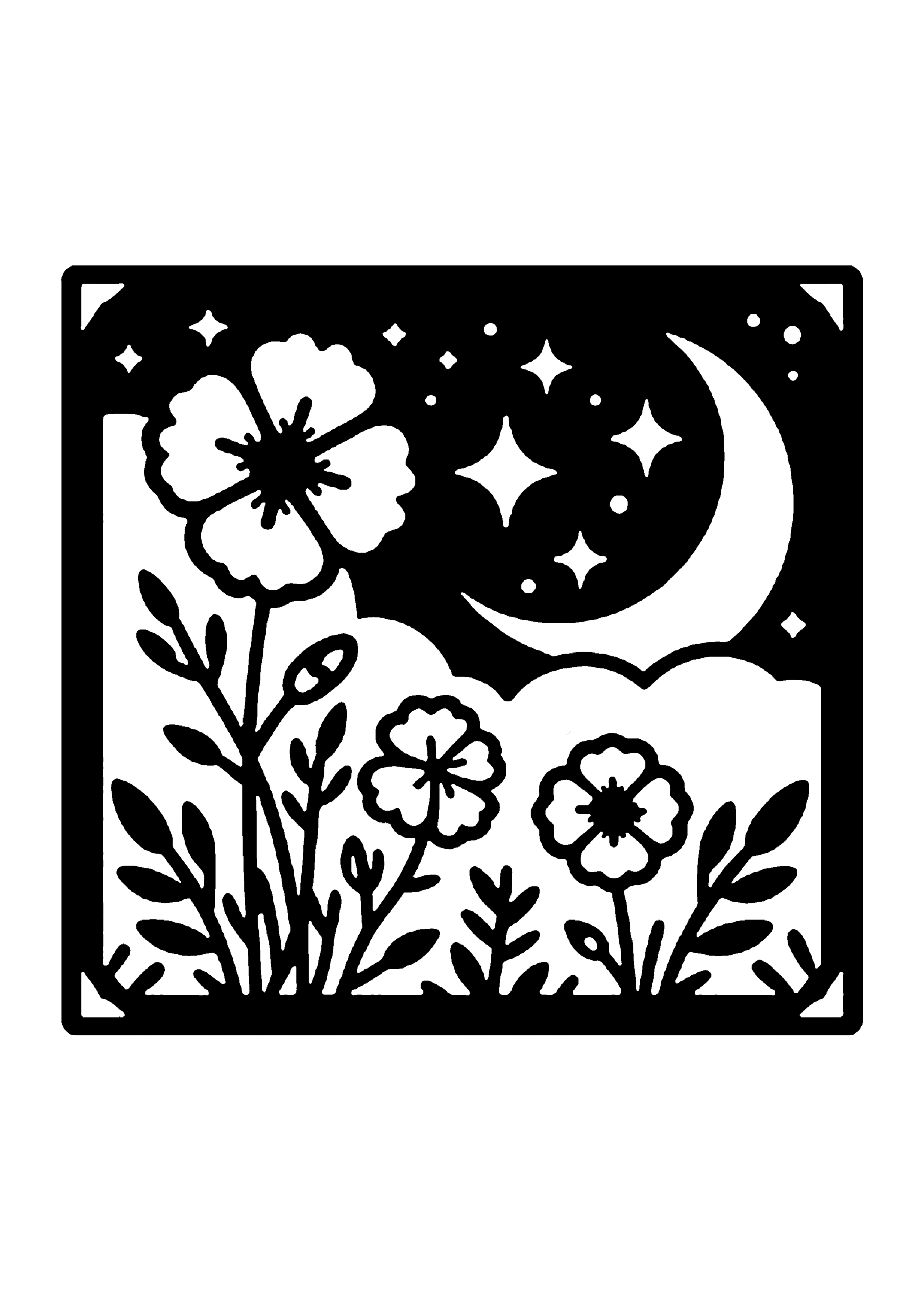 切り絵図案：三日月と星空を背景に、下部から伸びる2輪の可憐な花を描いたデザイン0341