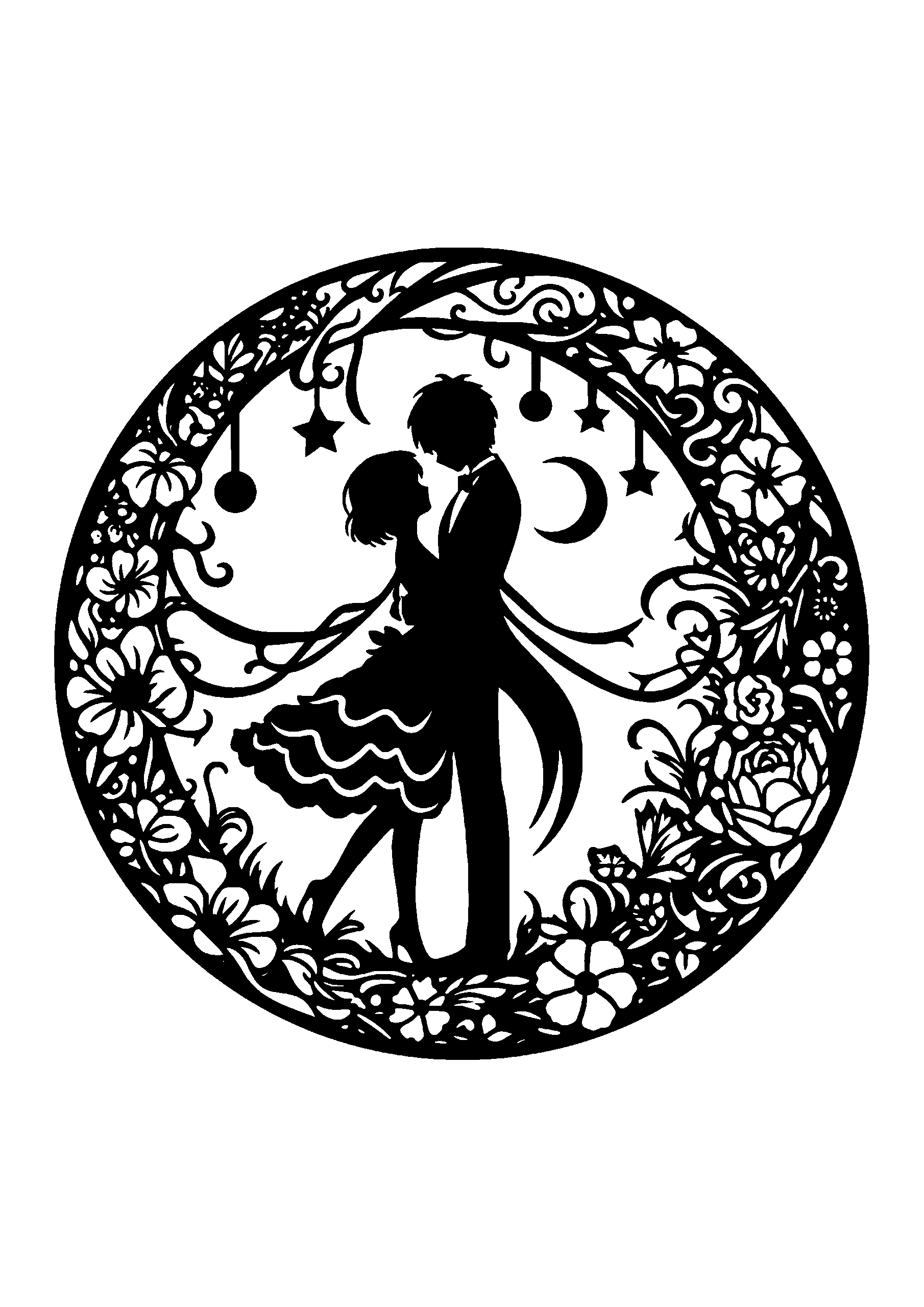 星降る夜空と大きな三日月を背景に、手を取り合って踊る二人の円形ウェディング切り絵図案0366