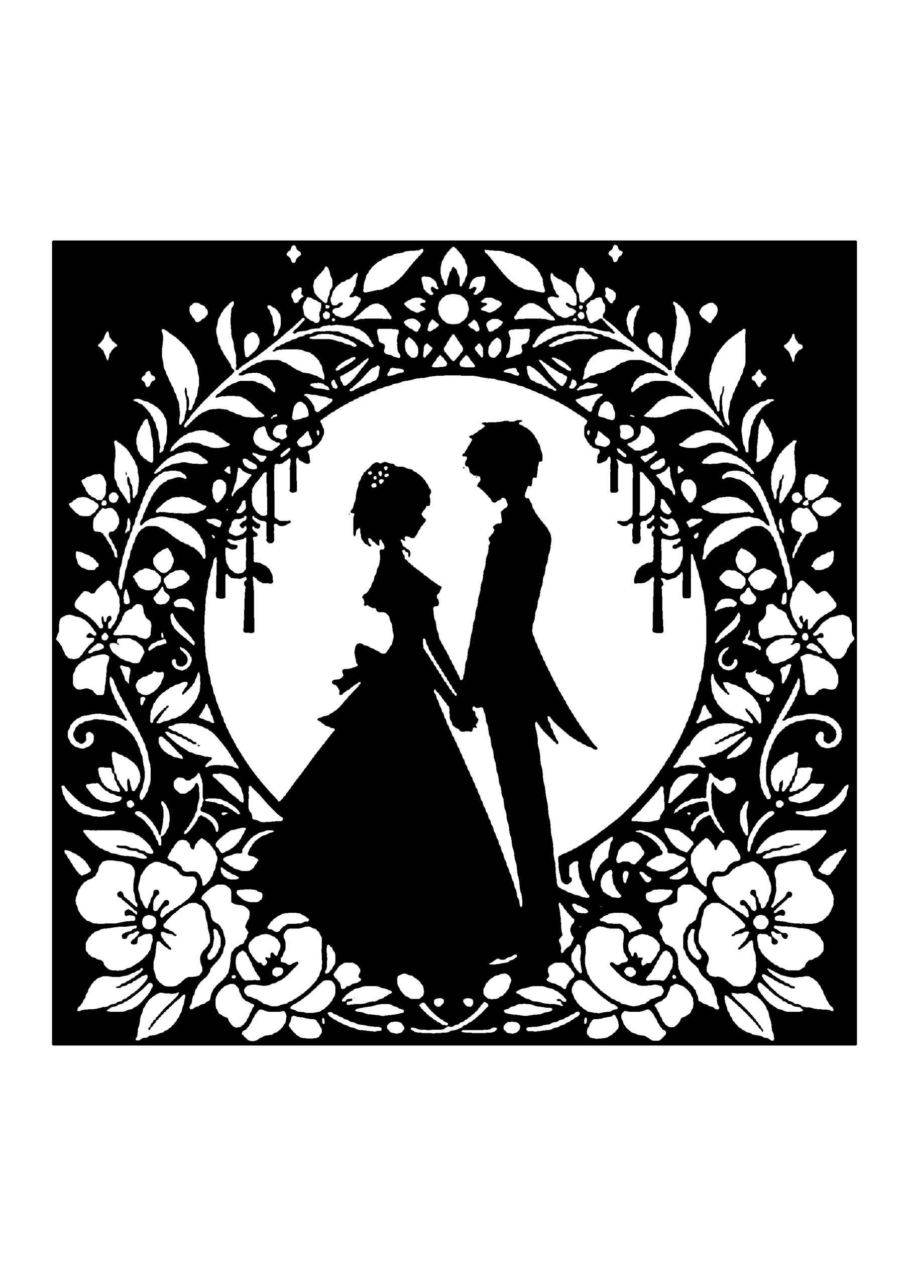 両サイドから包み込むような美しい花のアーチの中で、手を取り合い見つめ合う新郎新婦のシルエットを描いたウェディング切り絵図案0367