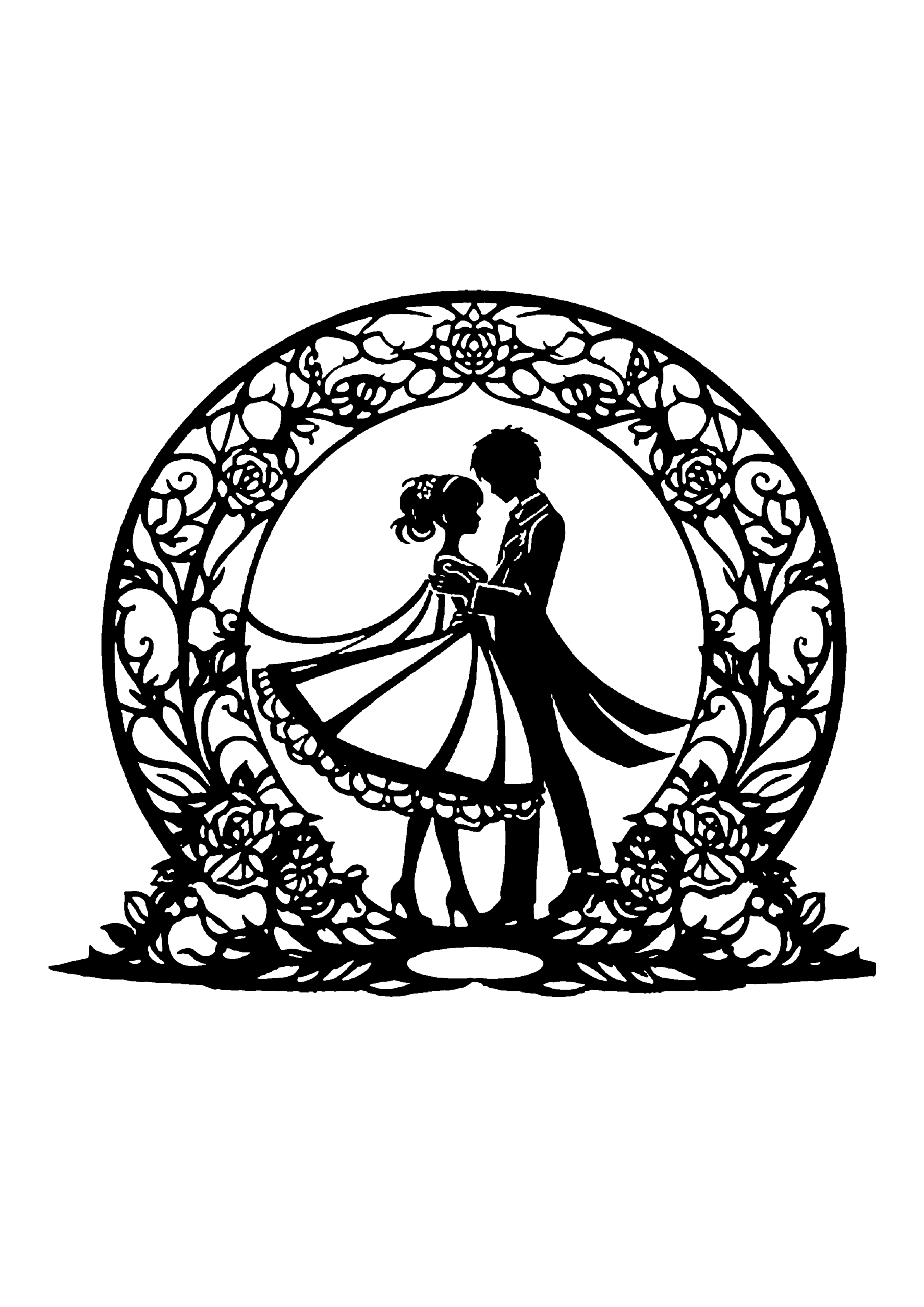 円形に配置された愛らしい草花のフレームの中で、ドレスの裾を揺らしてワルツを踊るような二人のロマンチックな切り絵図案0368