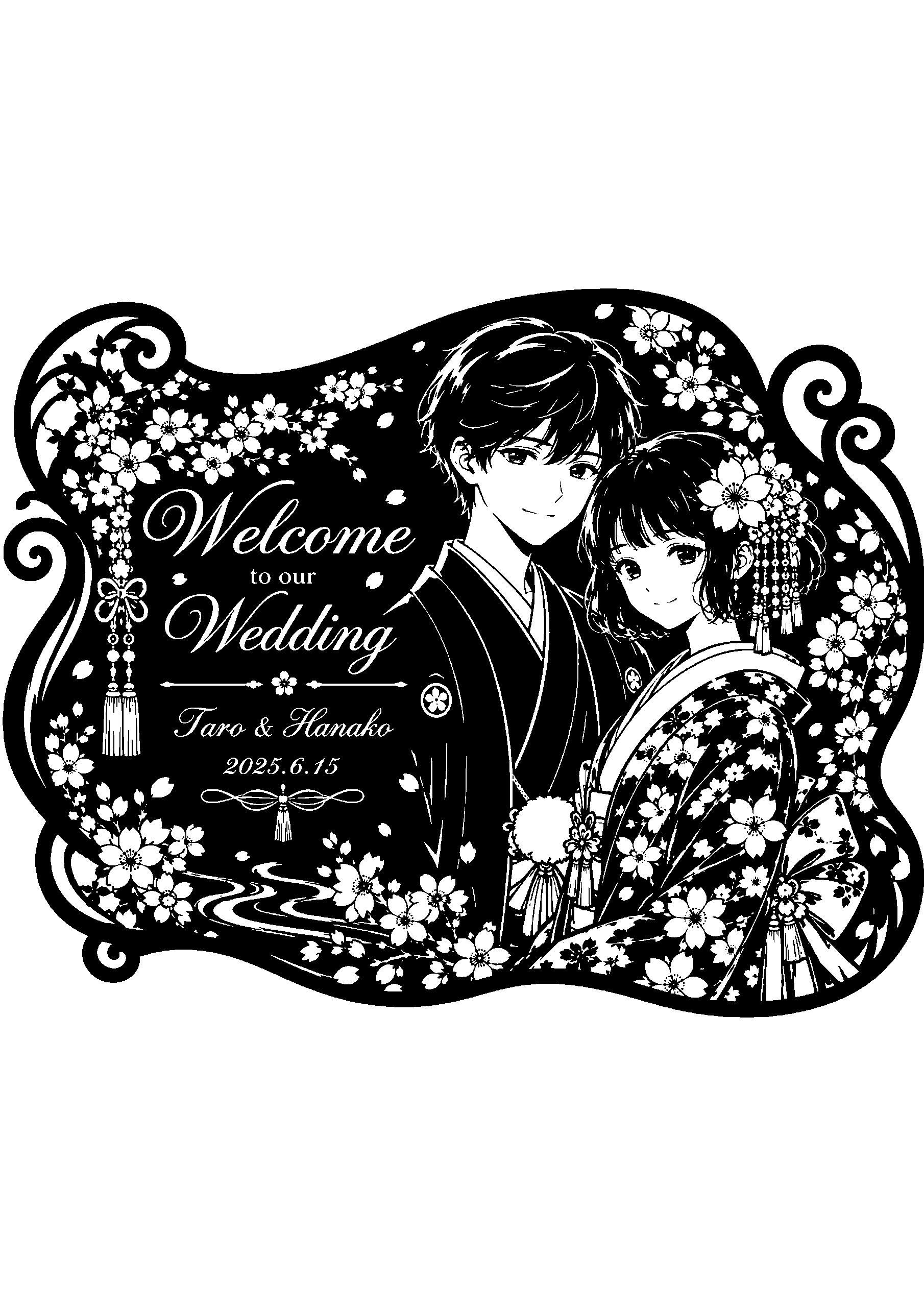 「Welcome to our Wedding」の文字と共に、咲き誇る桜の夜景を背景に微笑む和装の新郎新婦を描いた、物語性を感じるウェルカムボード風切り絵図案0371