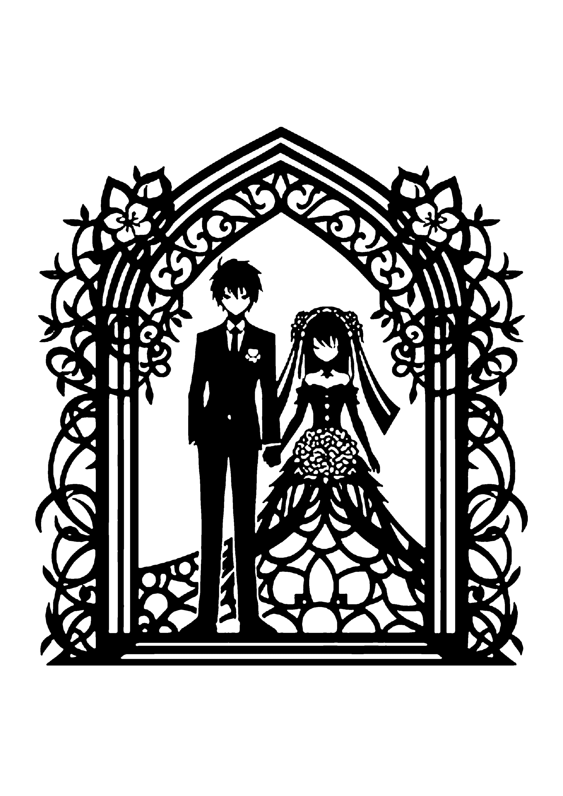 荘厳なゴシック調の花のアーチの下で、静かに寄り添って立つ新郎新婦を描いたエレガントなウェディング切り絵図案0374