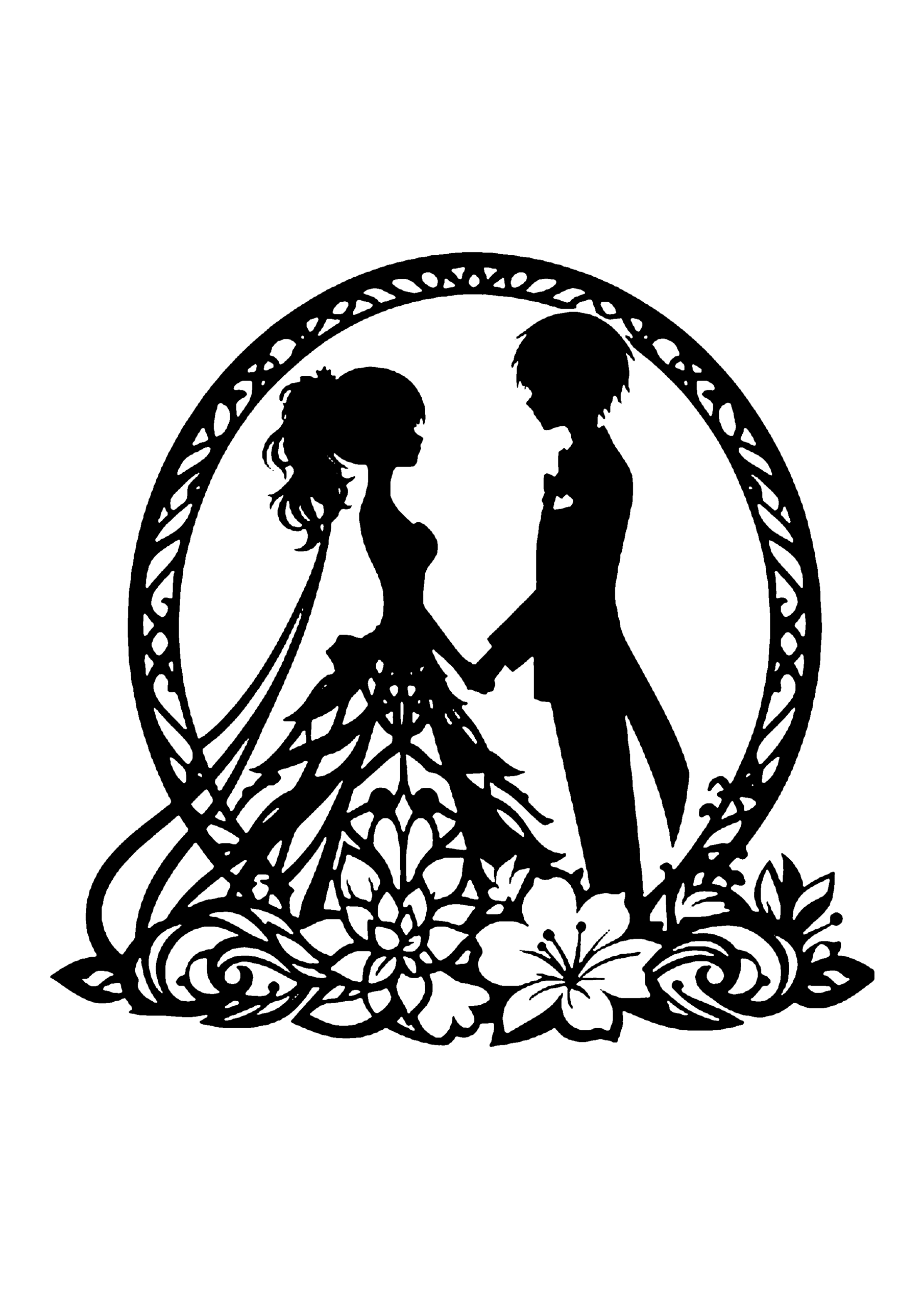 シンプルな円形のフレームの中で、見つめ合いながら手を取る新郎新婦の美しいシルエットを際立たせた切り絵図案0376