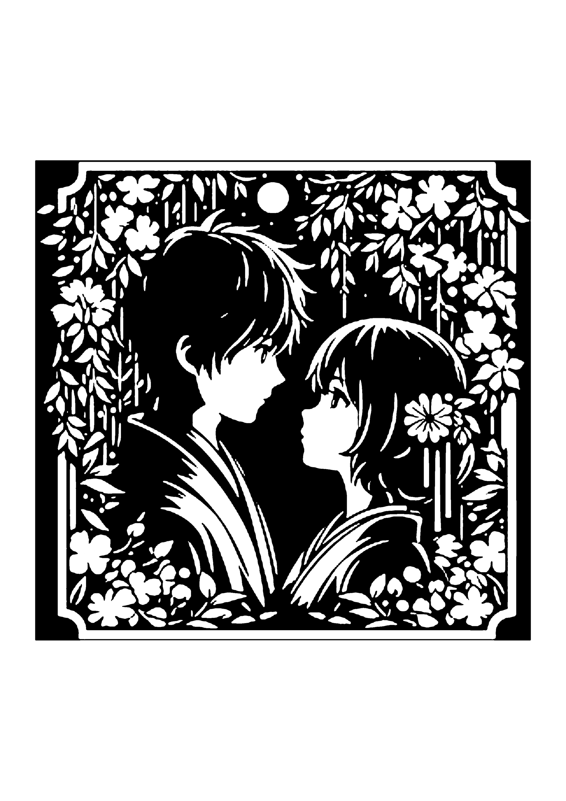 画面いっぱいに広がる緻密な草花に囲まれ、誓いの視線を交わす新郎新婦の横顔をクローズアップした物語性のある切り絵図案0377