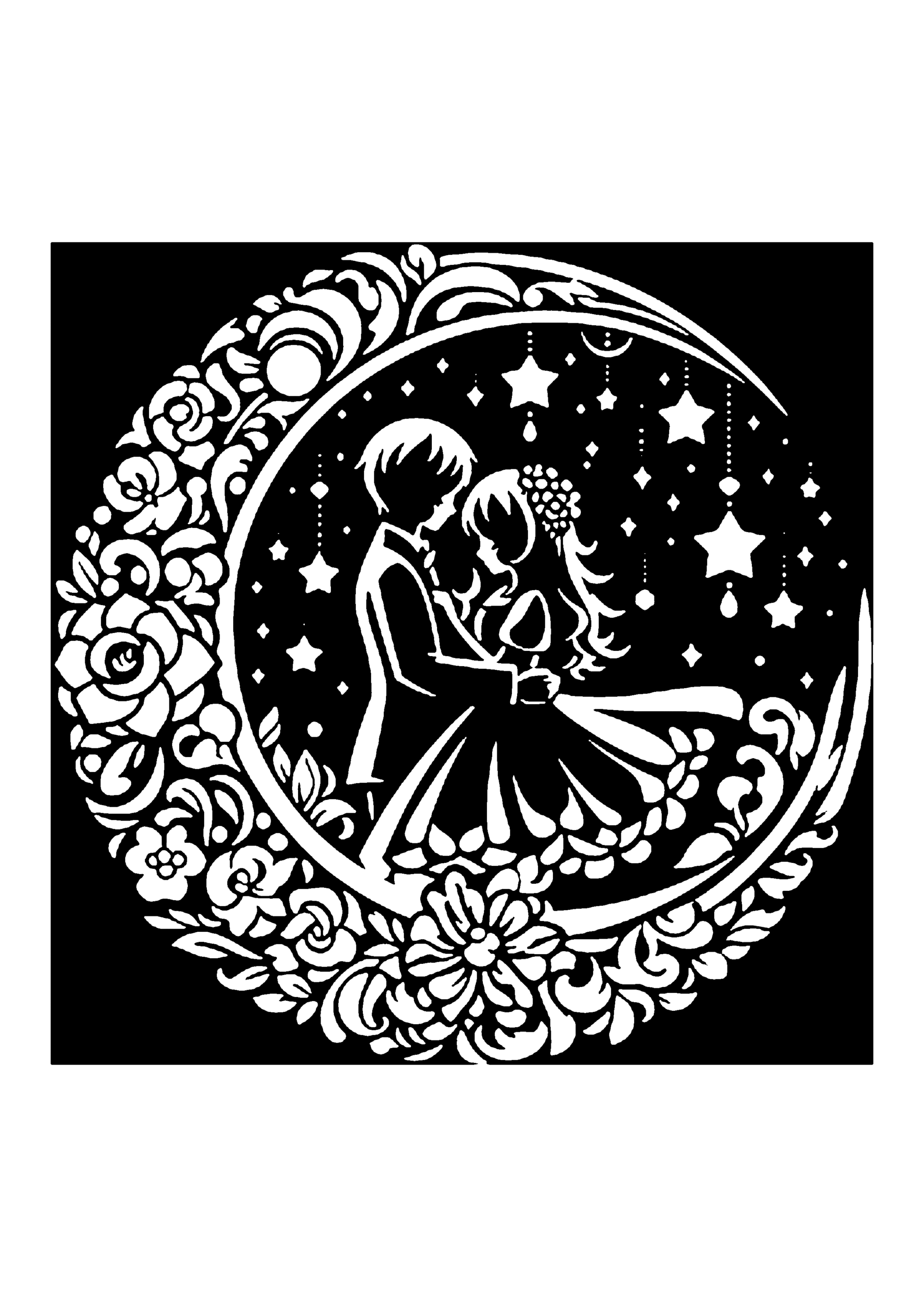 緻密な花々で形作られた三日月と吊るされた星飾りの下で、愛を誓い合う二人のロマンチックなウェディング切り絵図案0380