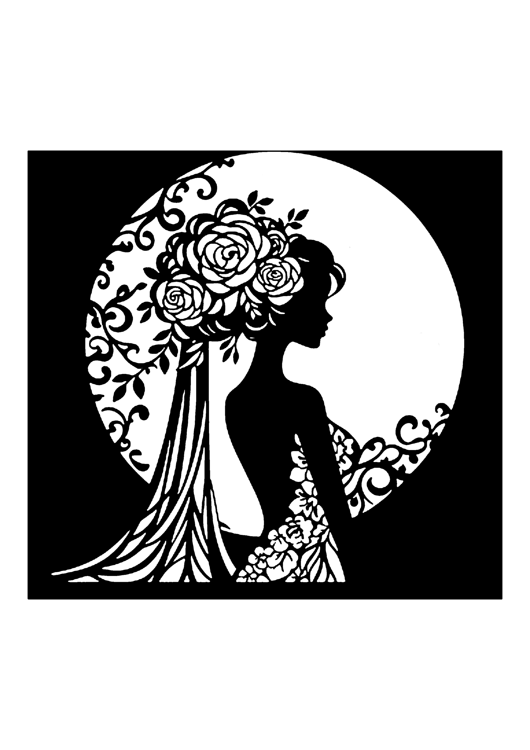 大きな満月を背景に、髪に大輪の花を飾った美しい花嫁の横顔を美しく切り取った、洗練されたポートレート風の切り絵図案0381