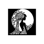 大きな満月を背景に、髪に大輪の花を飾った美しい花嫁の横顔を美しく切り取った、洗練されたポートレート風の切り絵図案0381